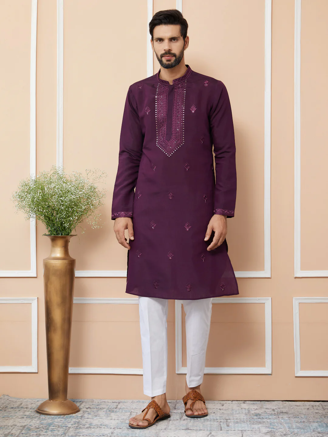 Men Dark Purple Embroidered Chanderi Silk Straight Kurta - Image 2