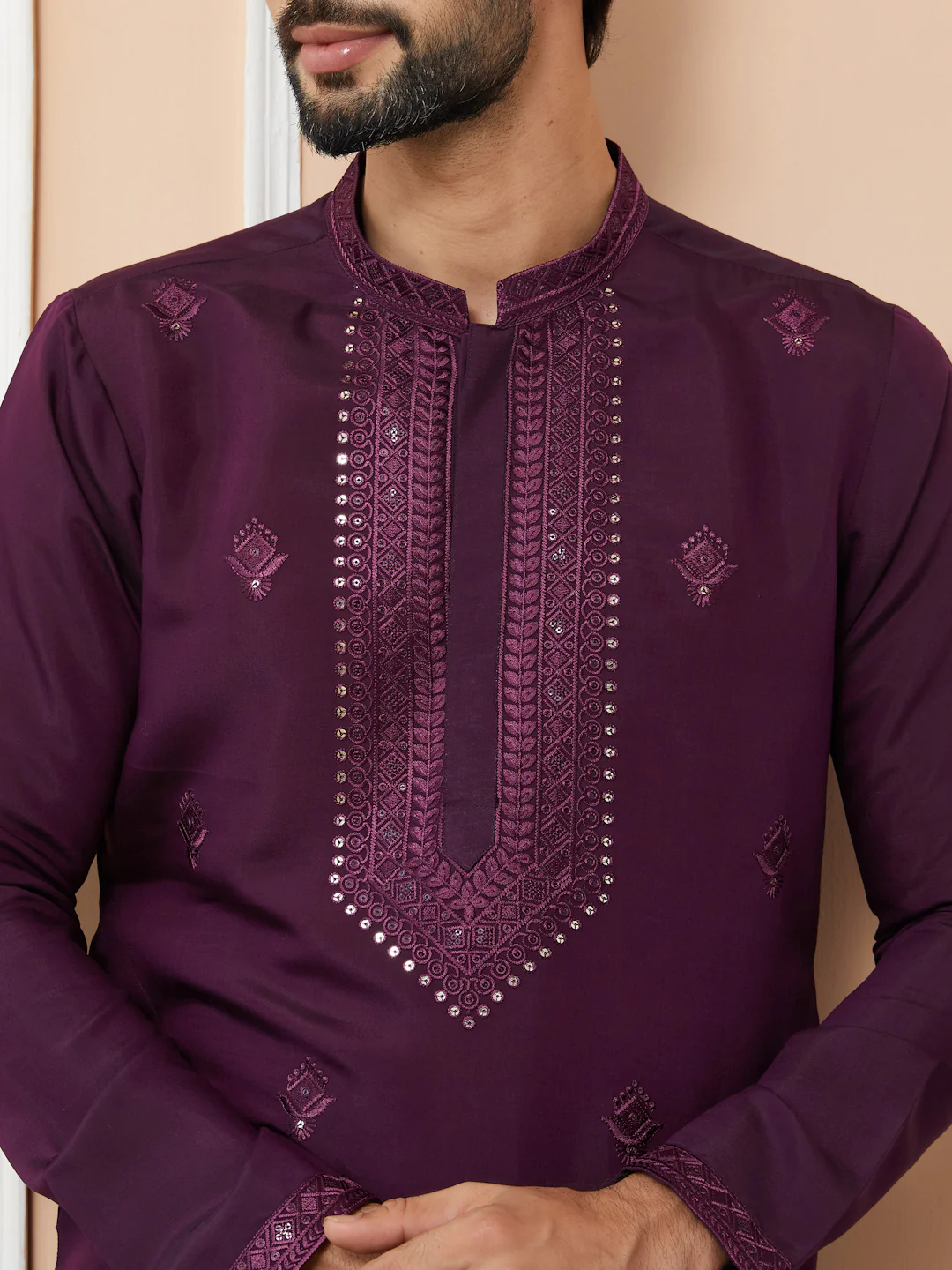 Men Dark Purple Embroidered Chanderi Silk Straight Kurta - Image 4