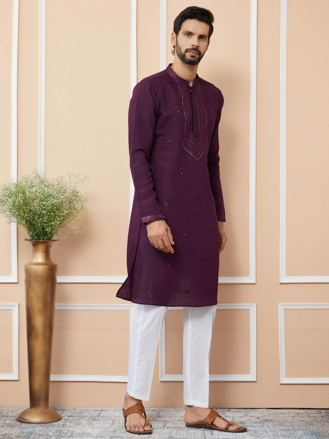 Men Dark Purple Embroidered Chanderi Silk Straight Kurta - Image 5