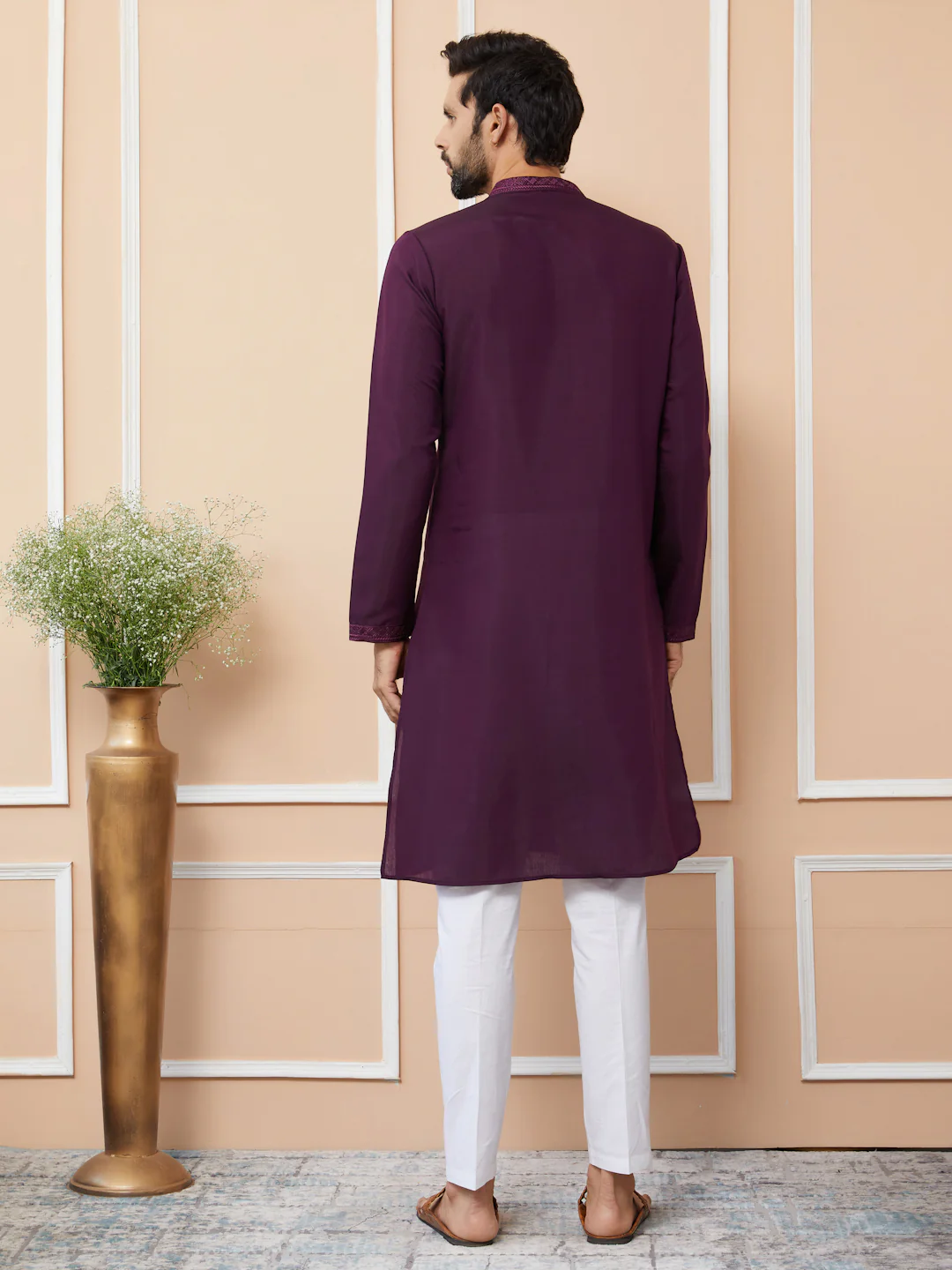 Men Dark Purple Embroidered Chanderi Silk Straight Kurta - Image 6