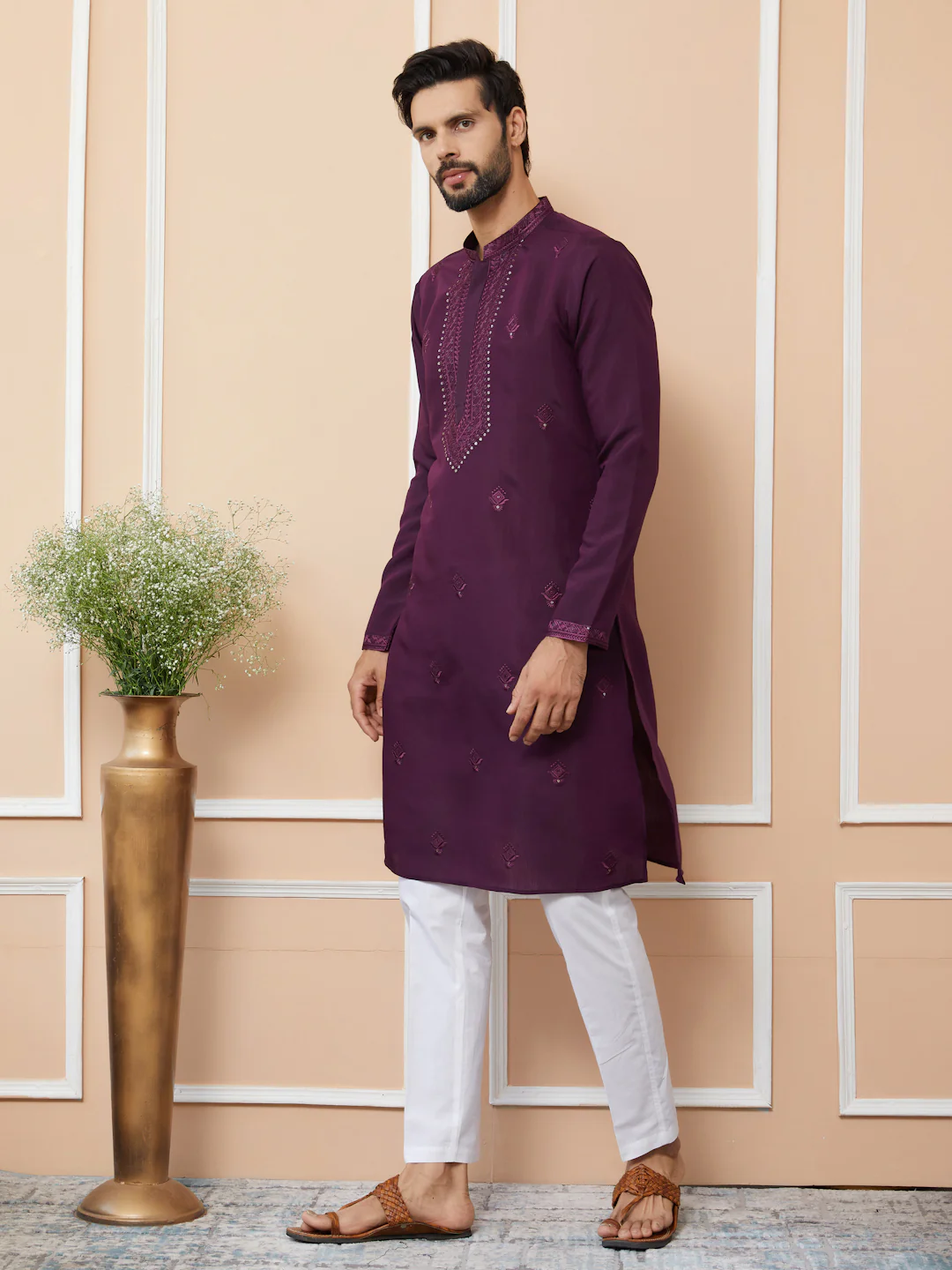 Men Dark Purple Embroidered Chanderi Silk Straight Kurta - Image 7