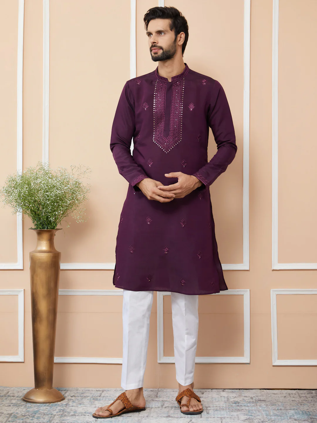 Men Dark Purple Embroidered Chanderi Silk Straight Kurta - Image 8