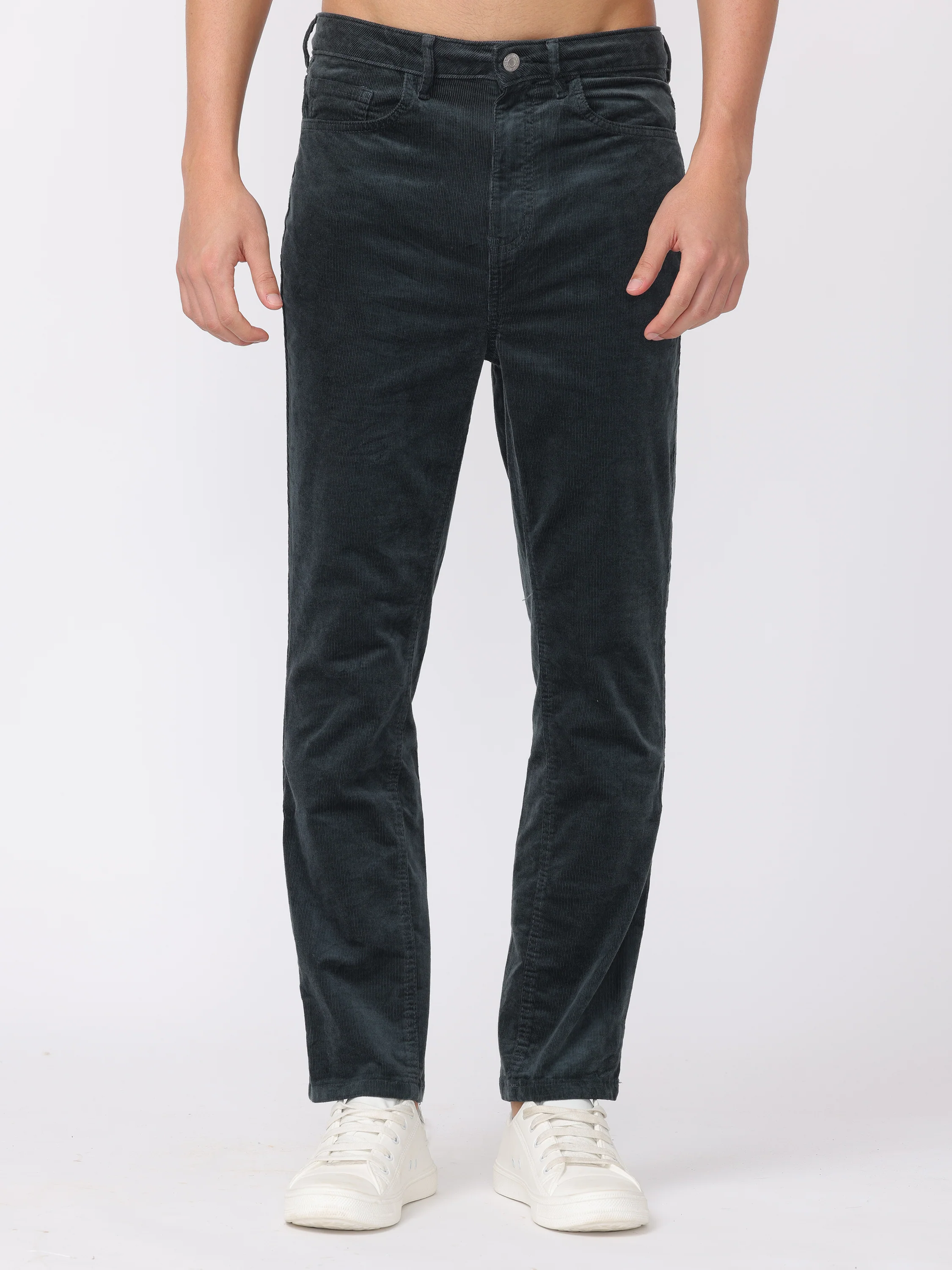 Men Dark Teal Regular Fit Corduroy Trousers - Image 3