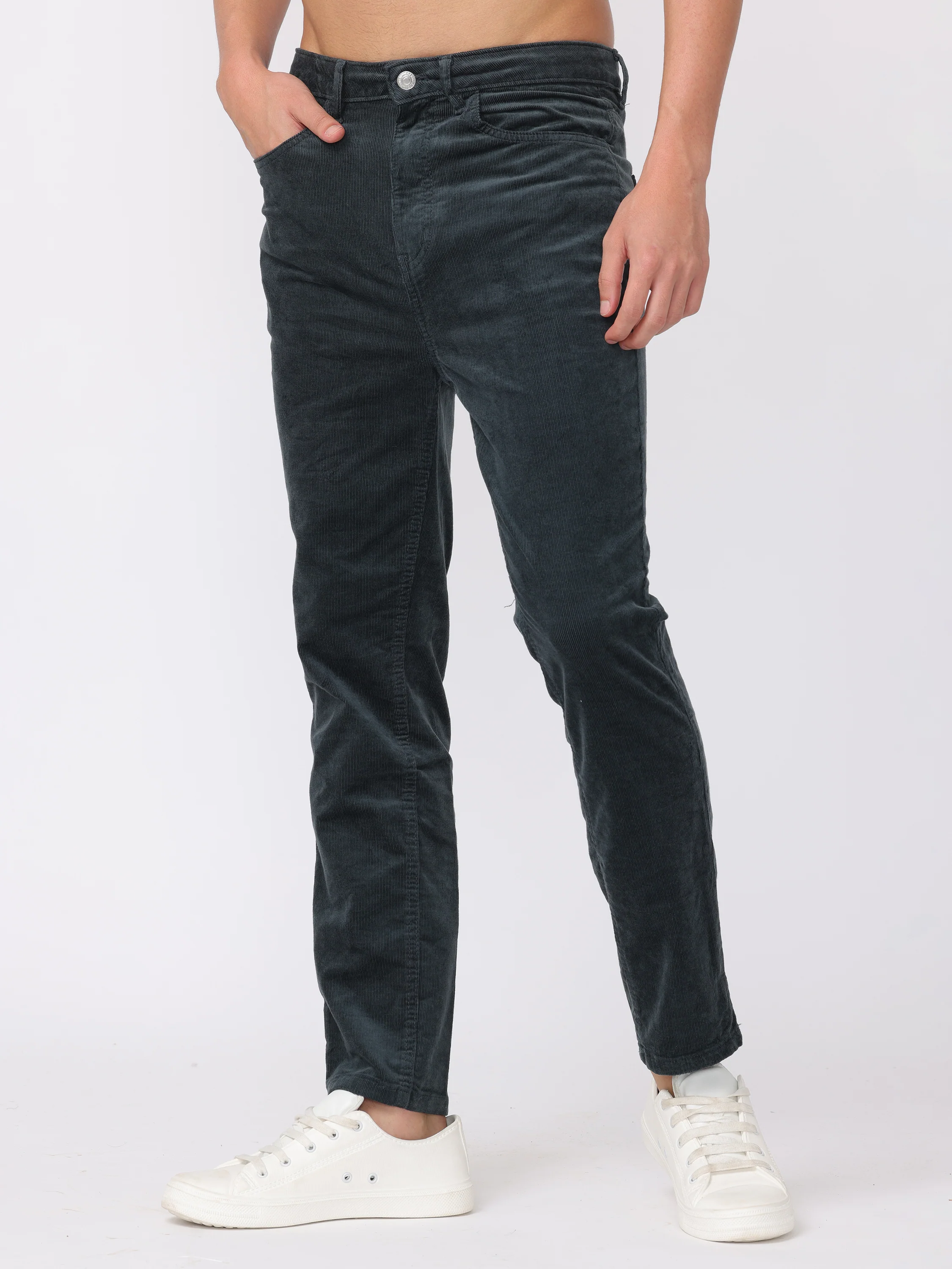 Men Dark Teal Regular Fit Corduroy Trousers - Image 5