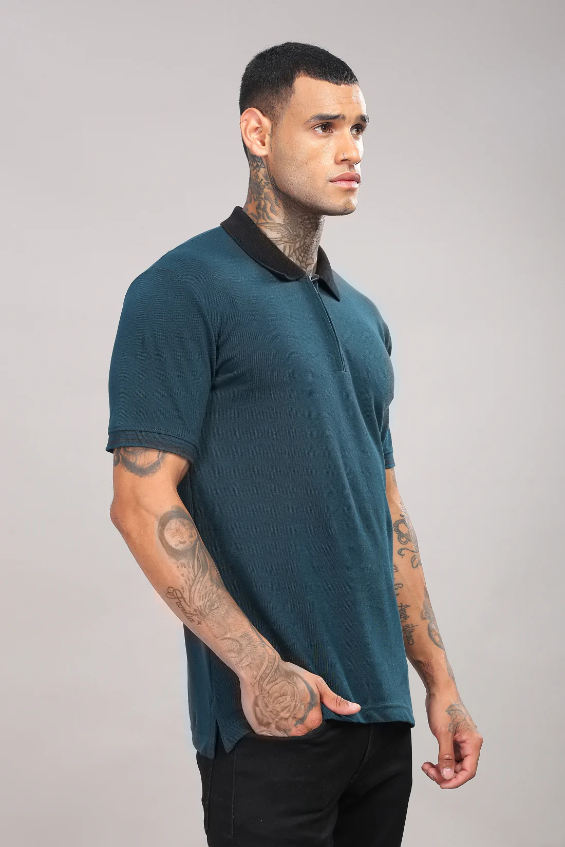 Men Dark Teal Regular Fit Polo T-Shirt - Image 5