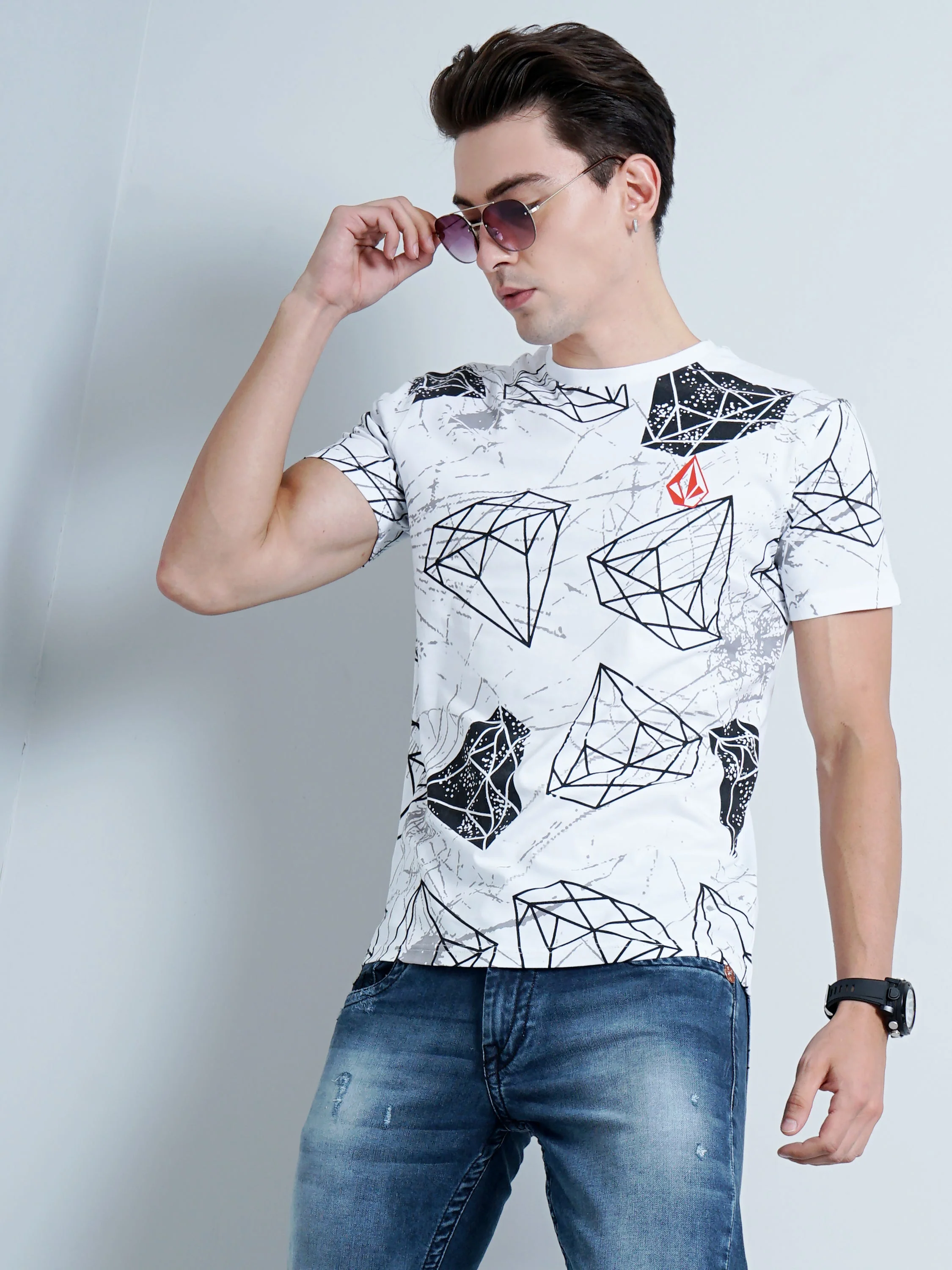 Men Diamond Print White T-Shirt - Image 3