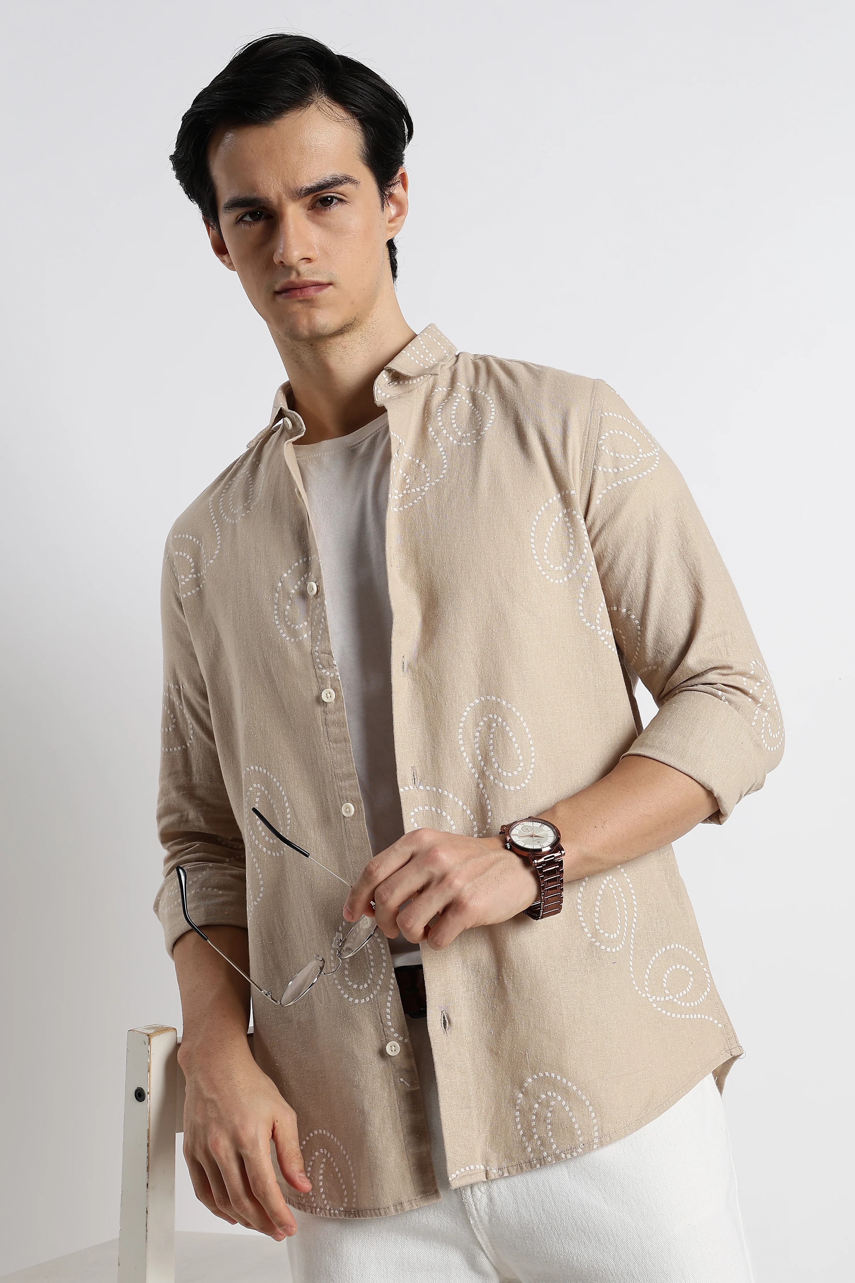 Men Dotted Swirl Printed Cotton Linen Shirt - Image 10