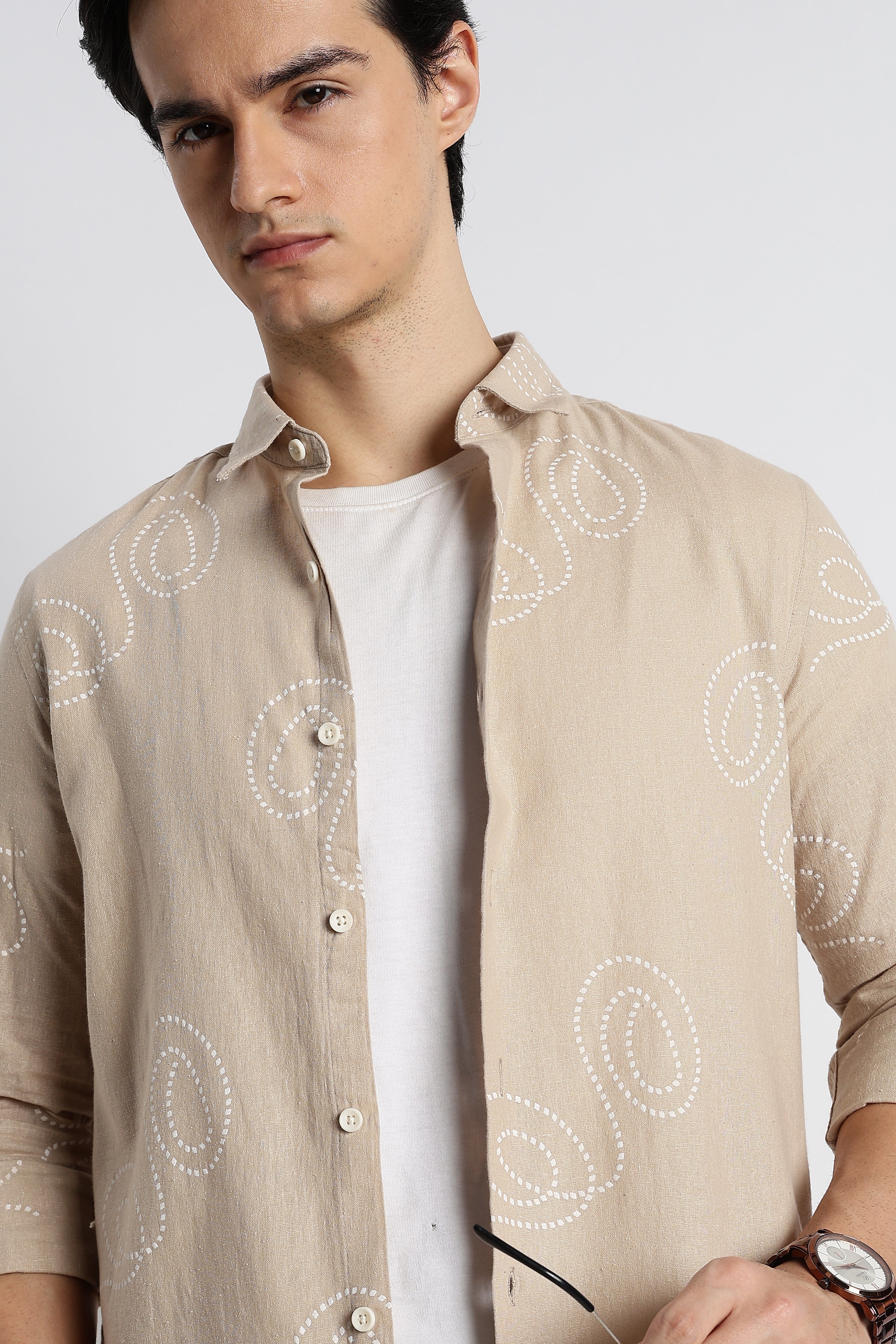 Men Dotted Swirl Printed Cotton Linen Shirt - Image 11
