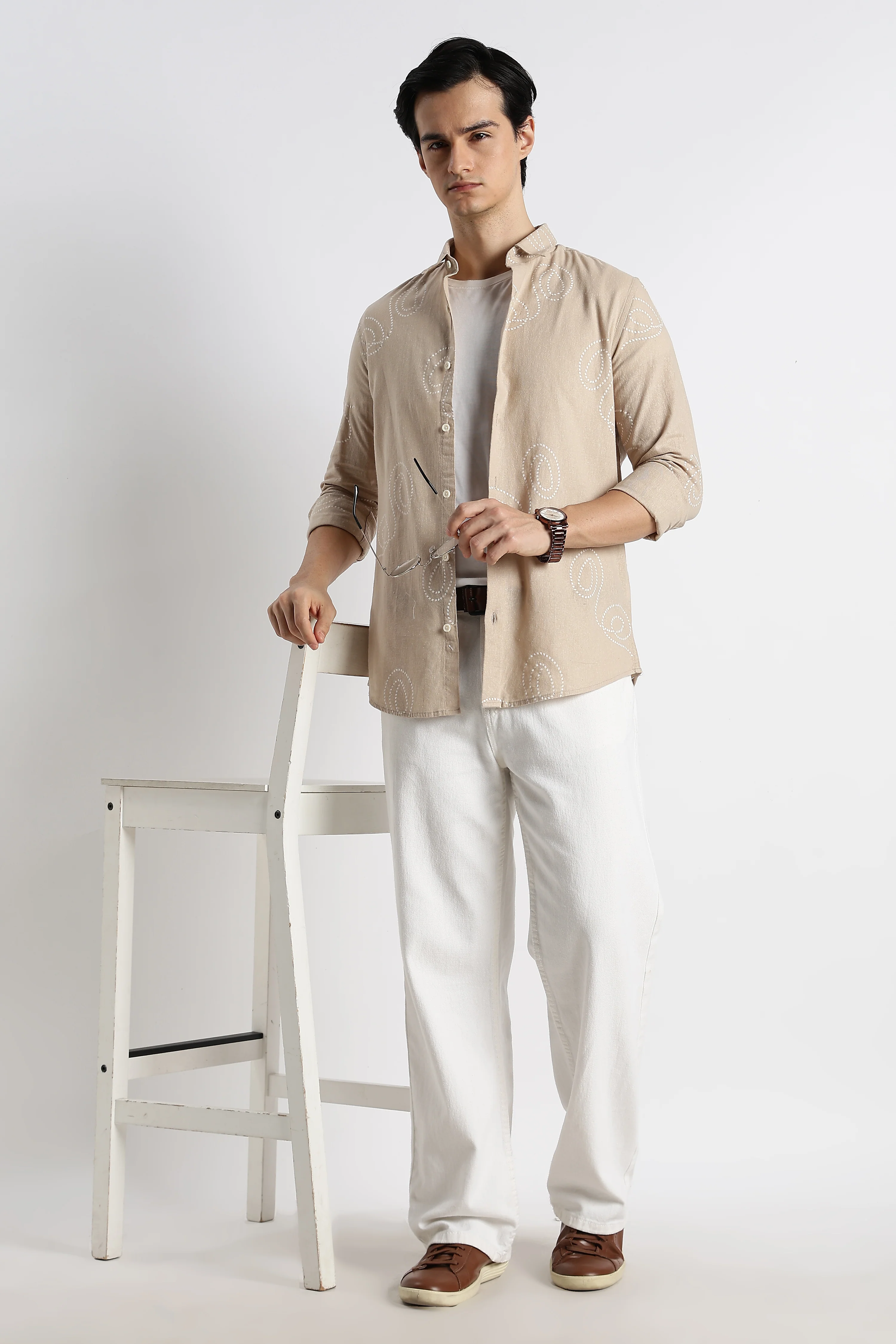 Men Dotted Swirl Printed Cotton Linen Shirt - Image 2
