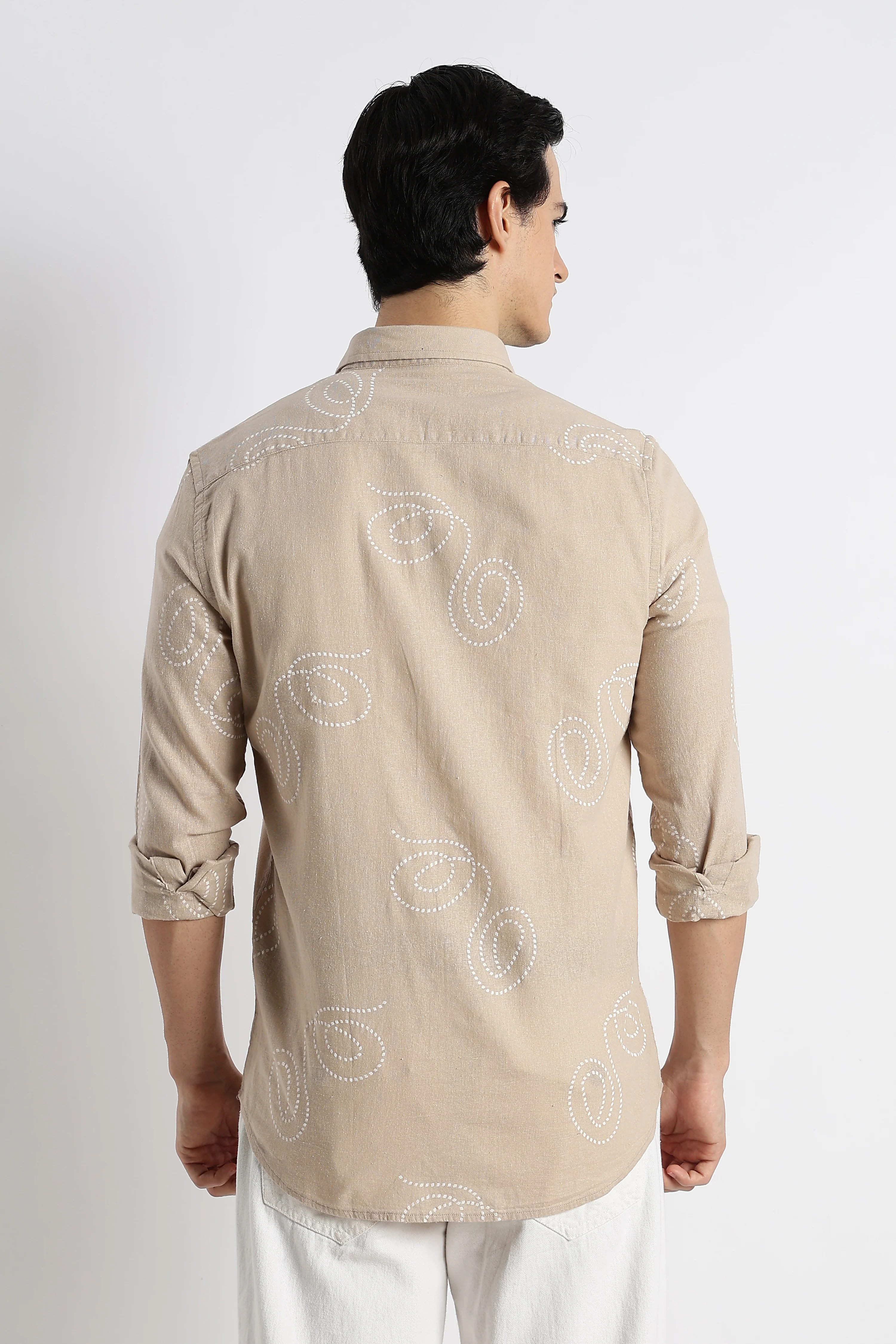Men Dotted Swirl Printed Cotton Linen Shirt - Image 3