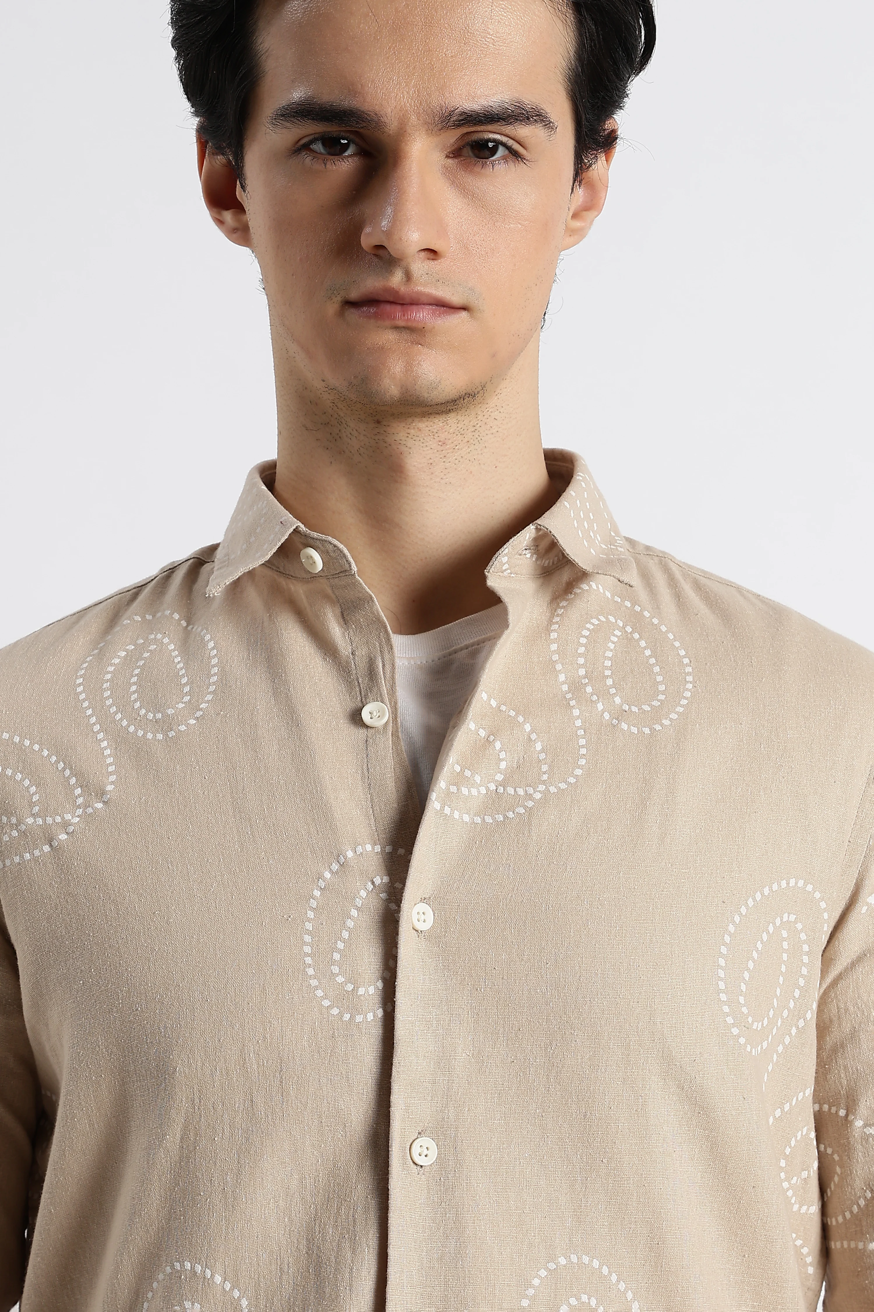 Men Dotted Swirl Printed Cotton Linen Shirt - Image 4