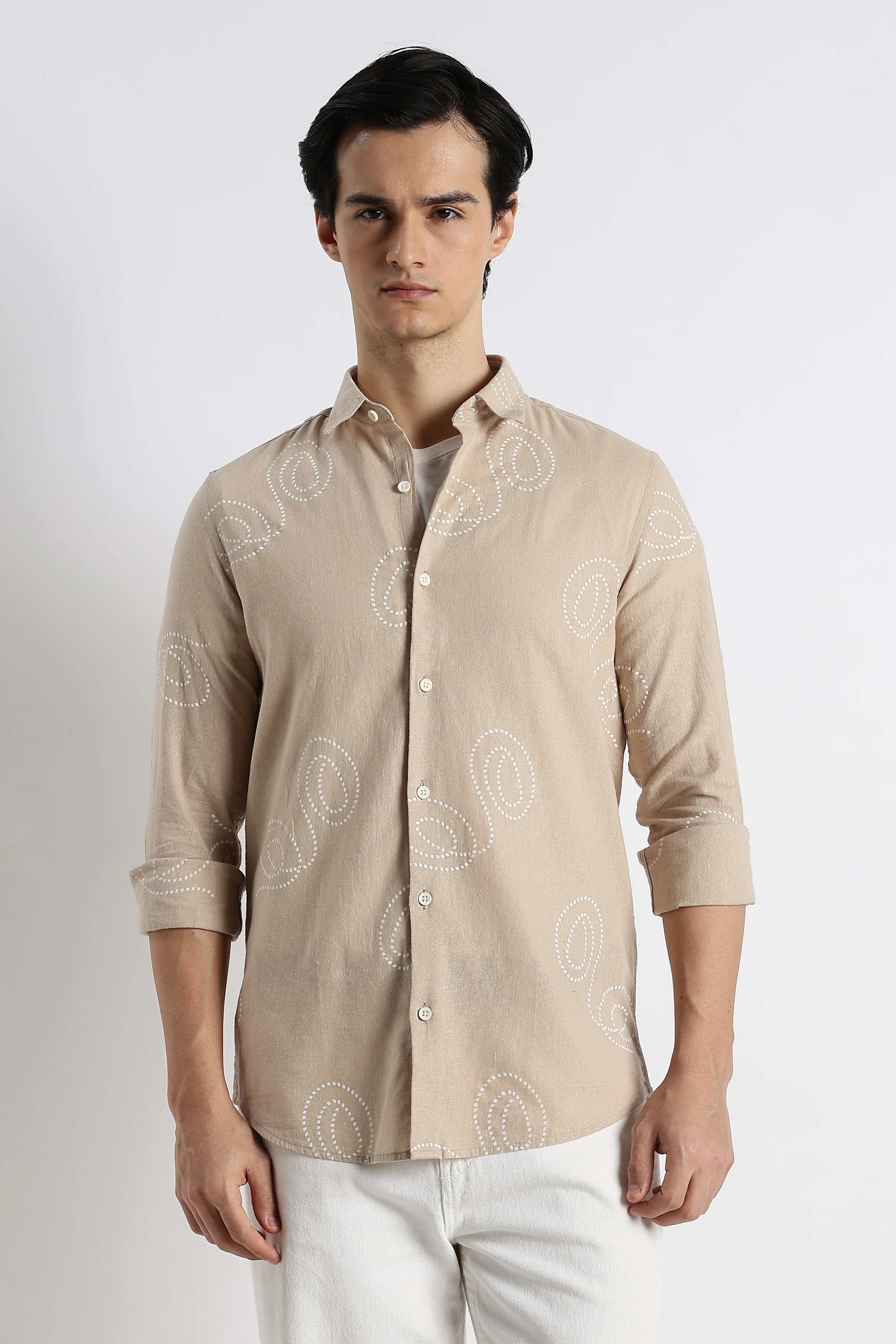 Men Dotted Swirl Printed Cotton Linen Shirt - Image 5