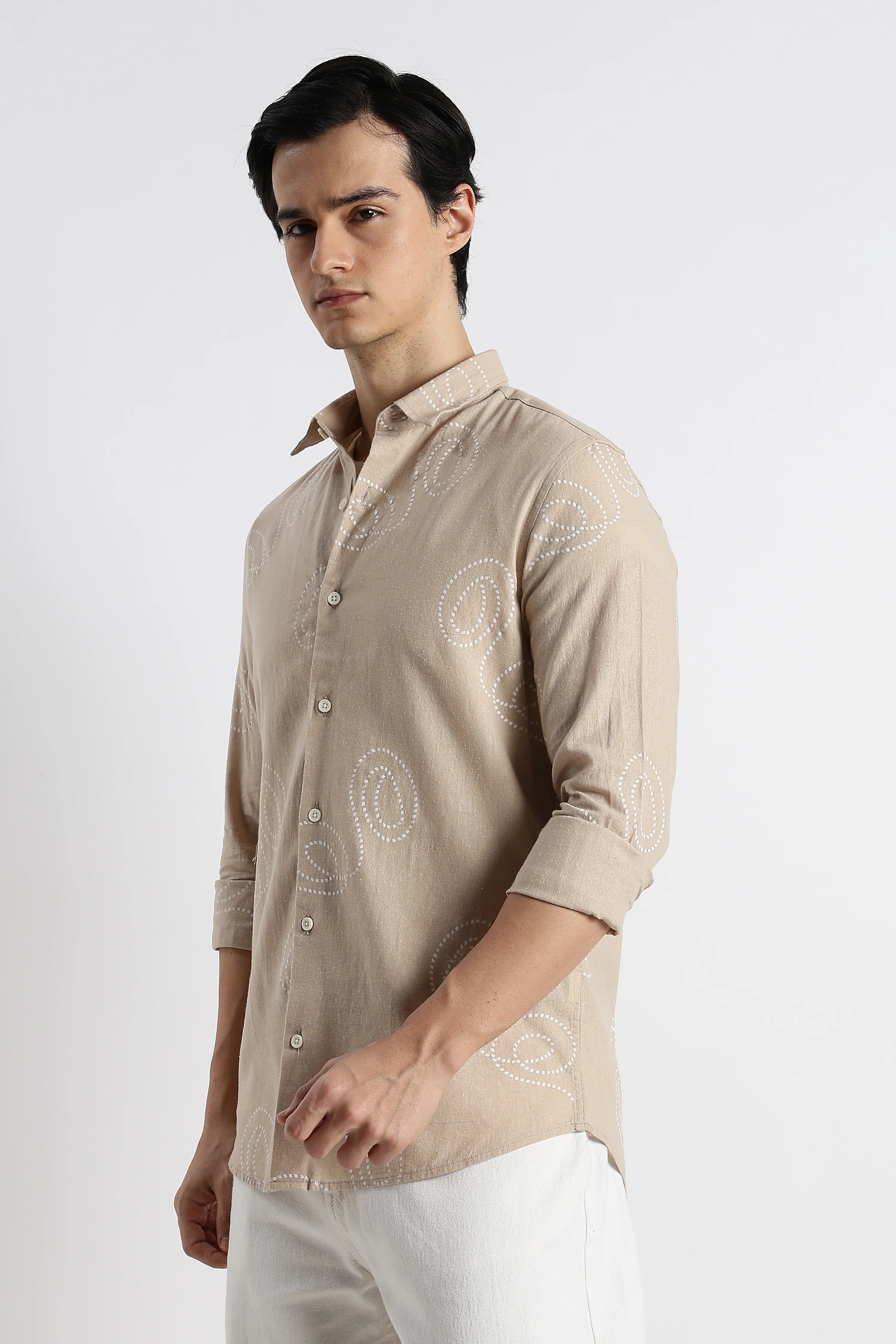 Men Dotted Swirl Printed Cotton Linen Shirt - Image 6