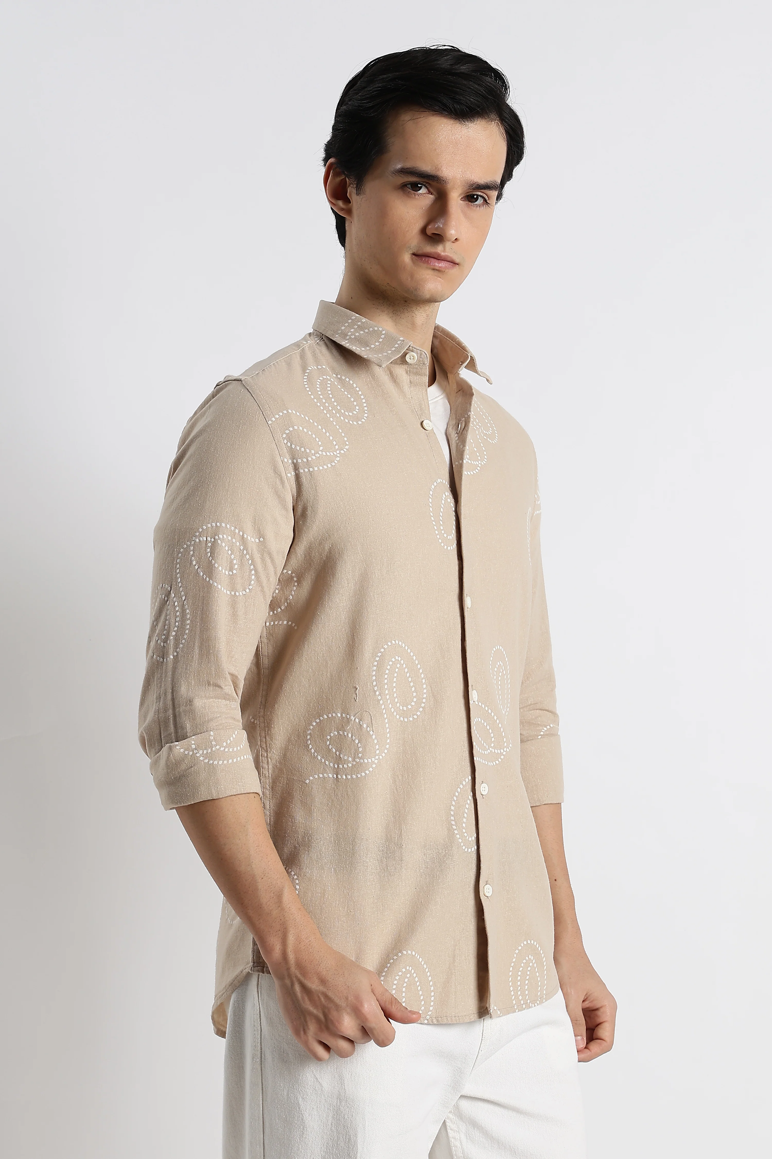 Men Dotted Swirl Printed Cotton Linen Shirt - Image 7