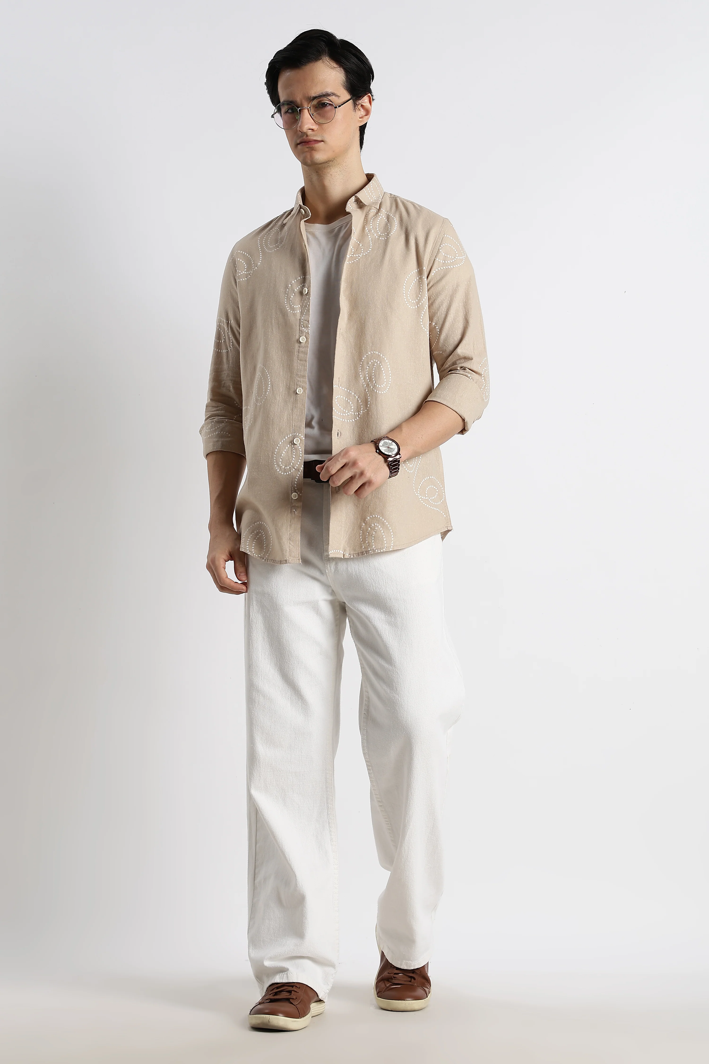 Men Dotted Swirl Printed Cotton Linen Shirt - Image 8