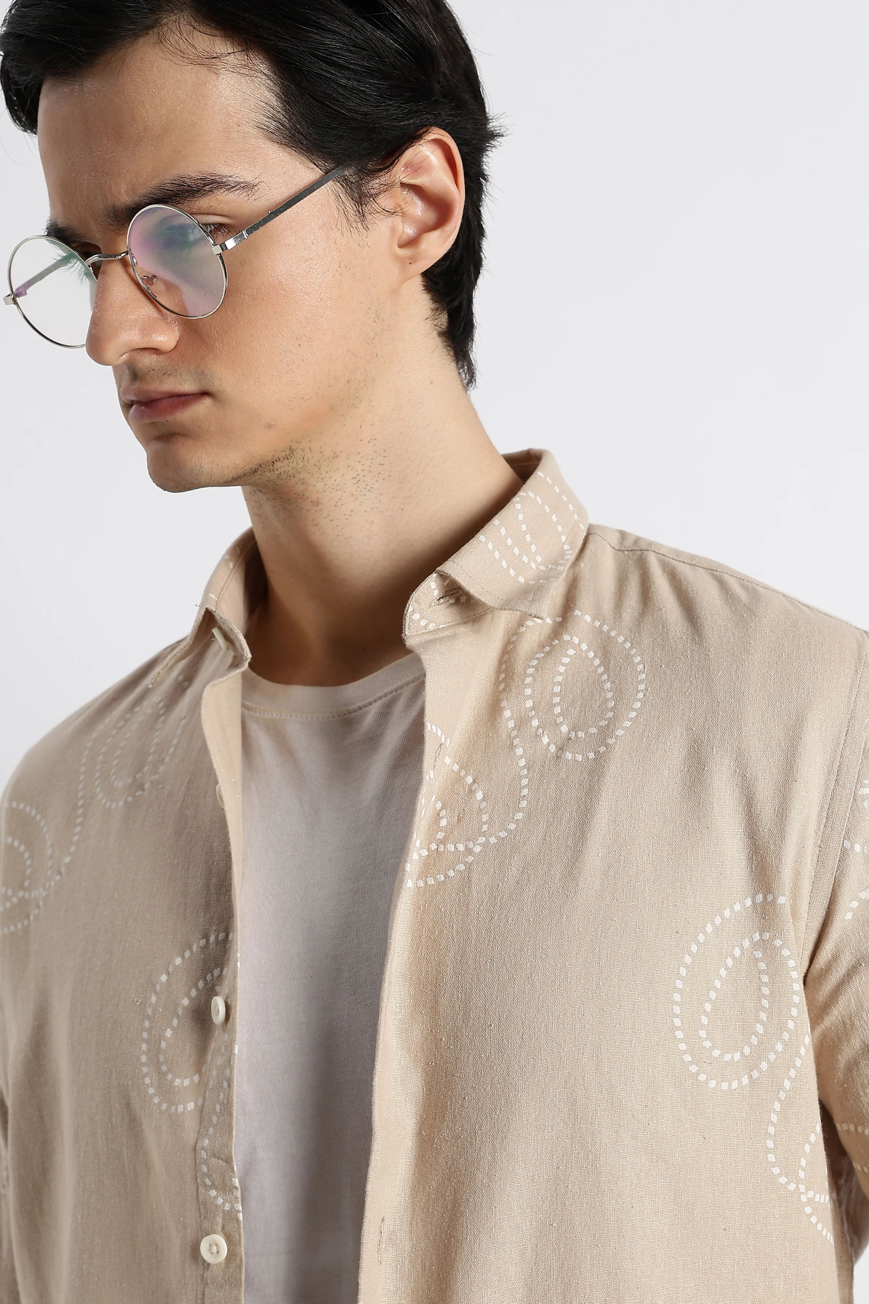 Men Dotted Swirl Printed Cotton Linen Shirt - Image 9