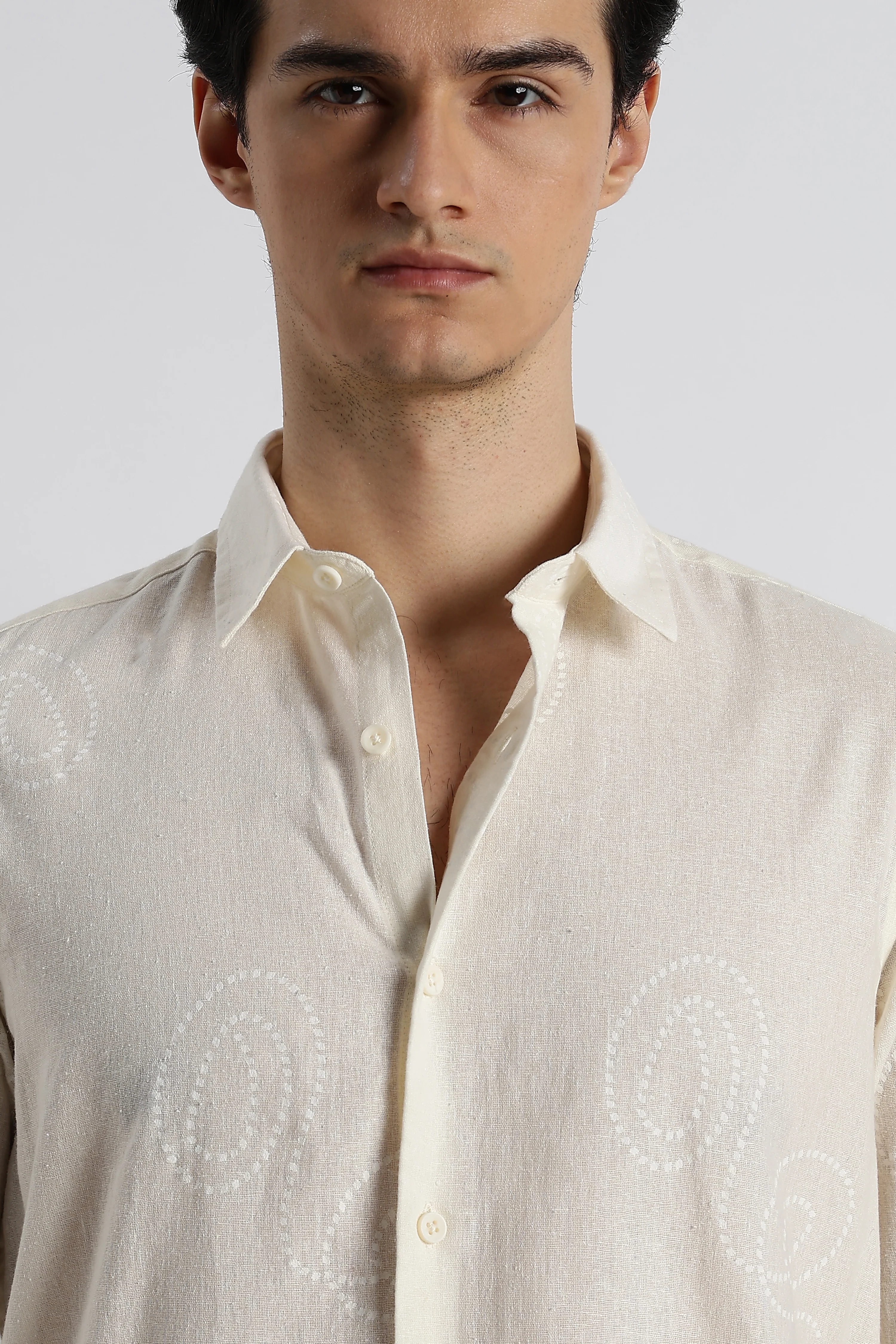 Men Dotted Swirl Printed Cotton Linen Shirt - Image 2