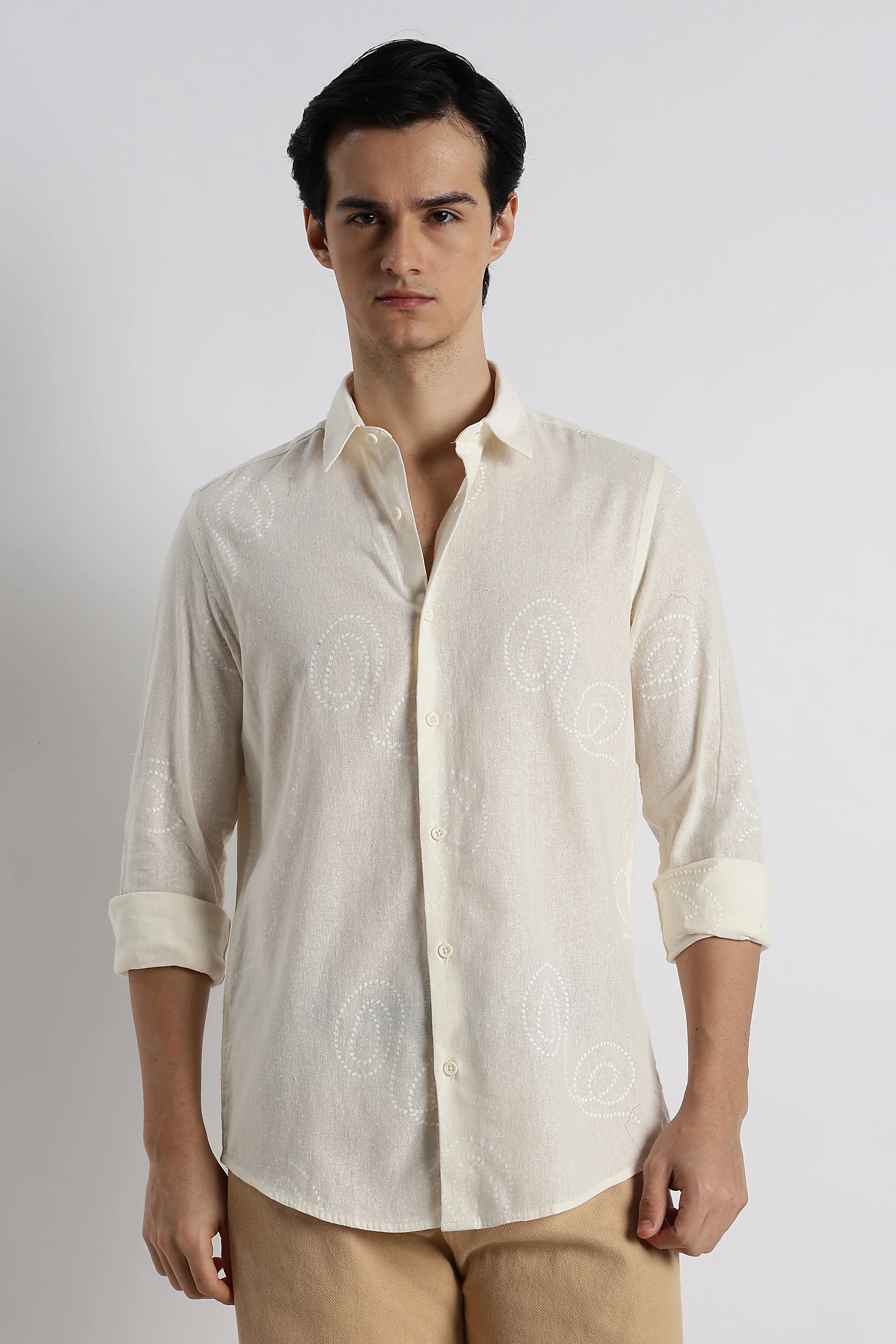 Men Dotted Swirl Printed Cotton Linen Shirt - Image 3