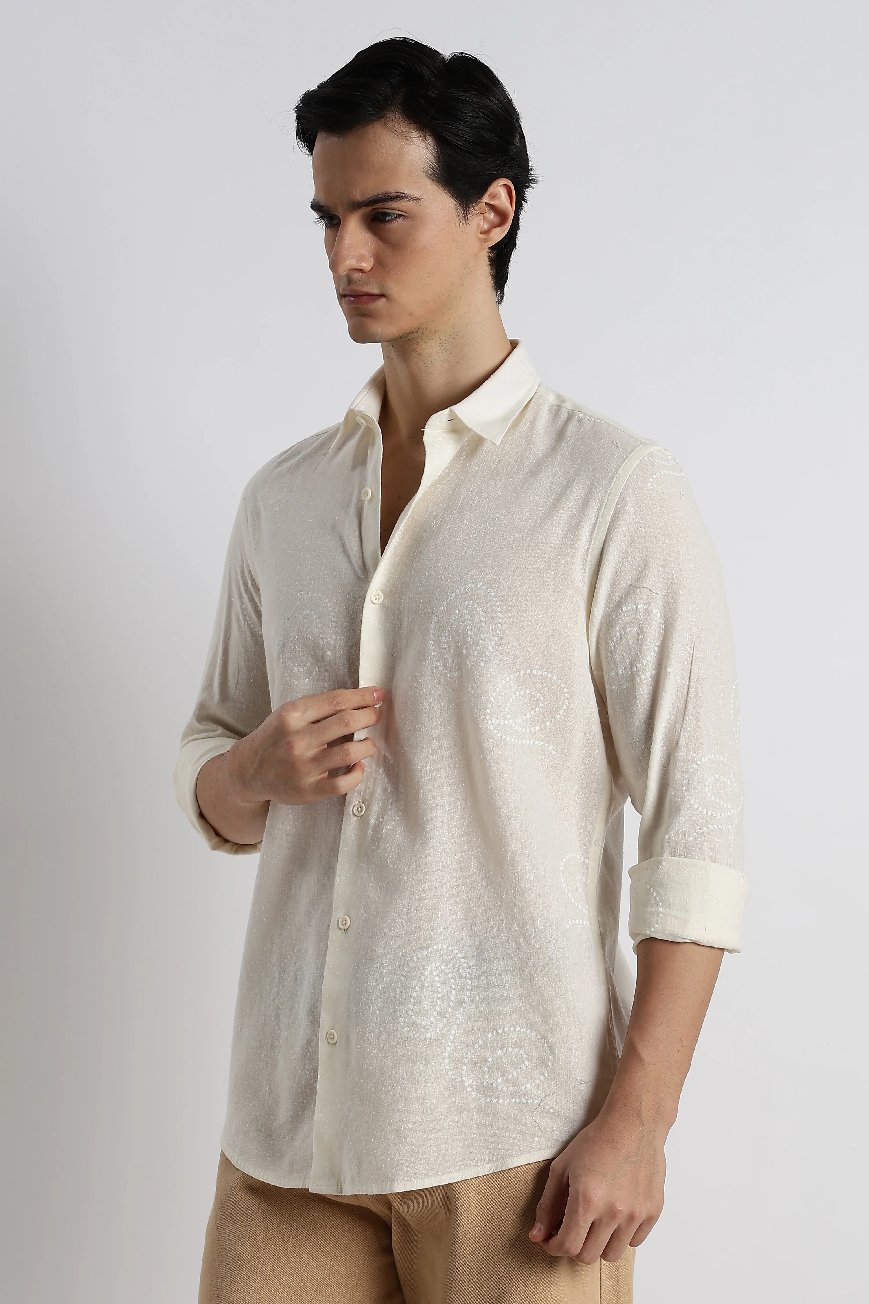 Men Dotted Swirl Printed Cotton Linen Shirt - Image 4