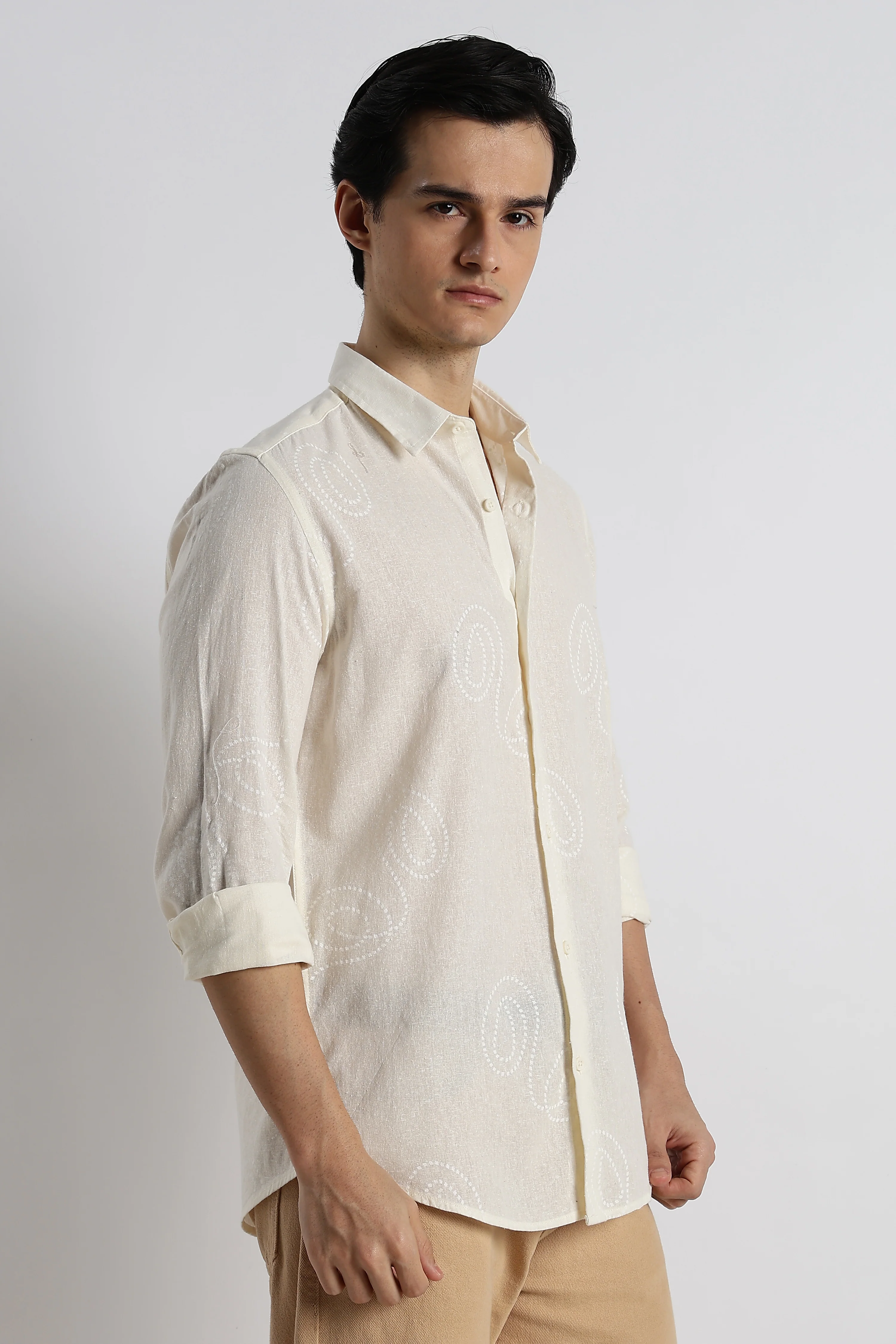 Men Dotted Swirl Printed Cotton Linen Shirt - Image 5