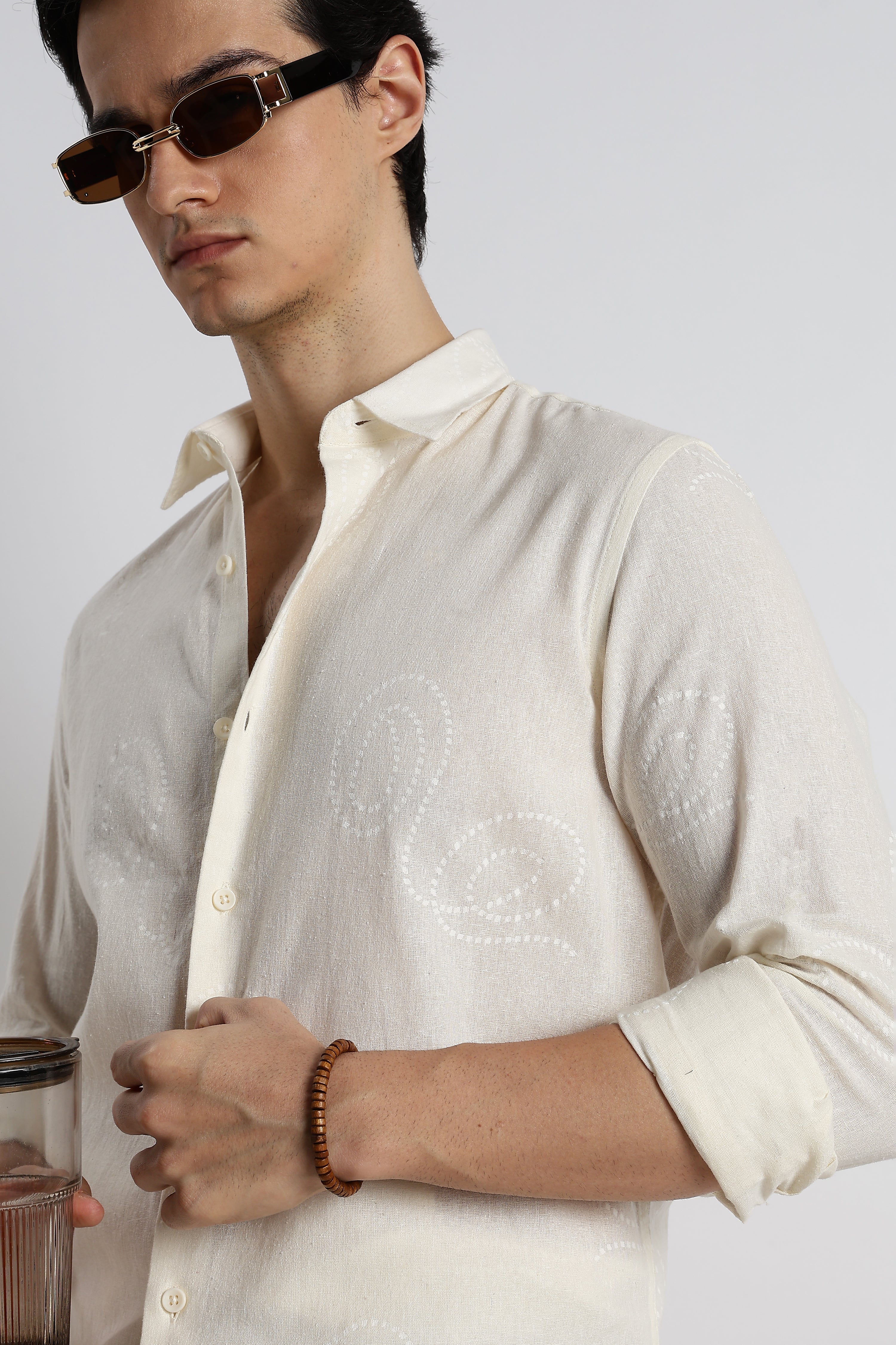 Men Dotted Swirl Printed Cotton Linen Shirt - Image 7