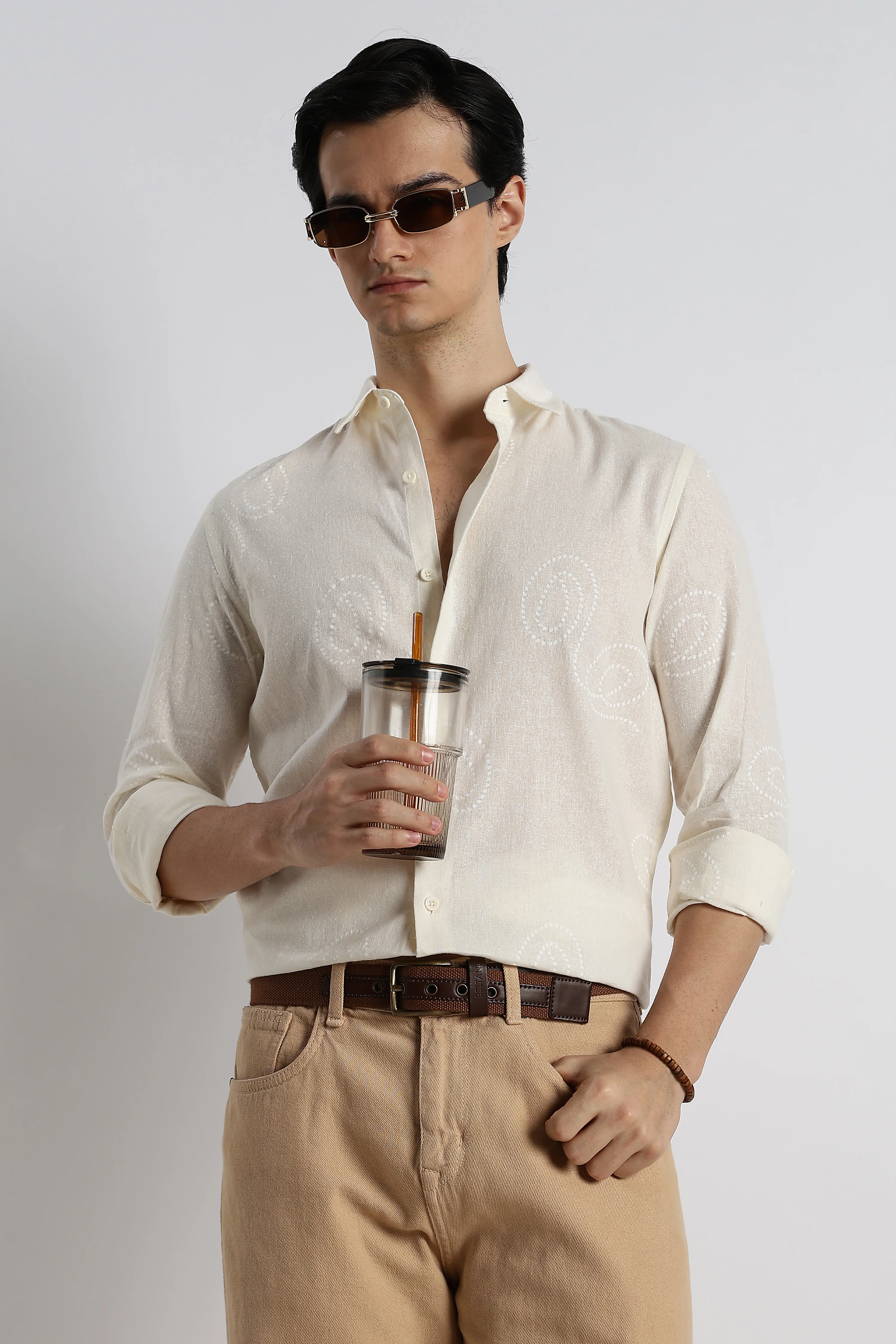Men Dotted Swirl Printed Cotton Linen Shirt - Image 8