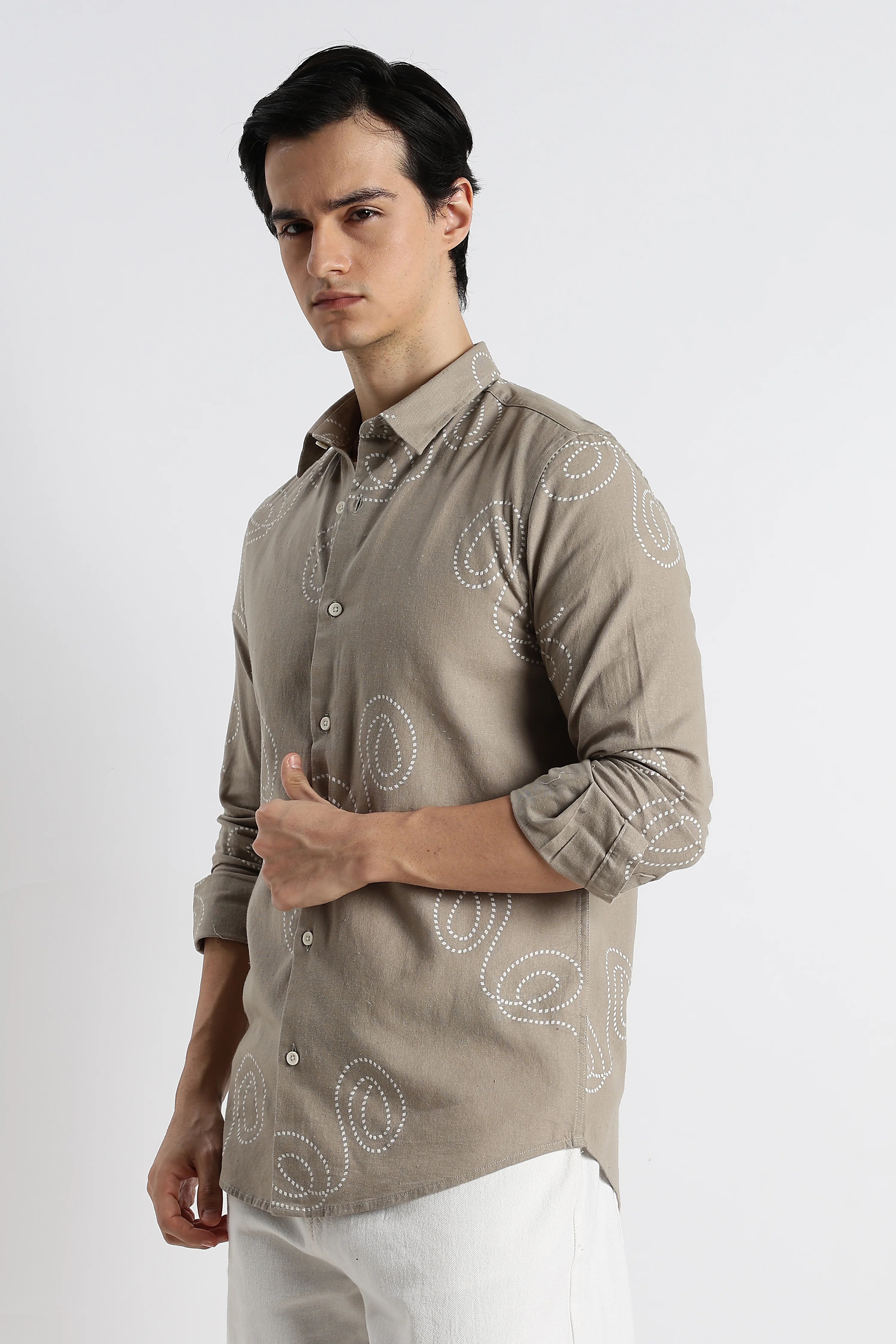 Men Dotted Swirl Printed Cotton Linen Shirt - Image 10