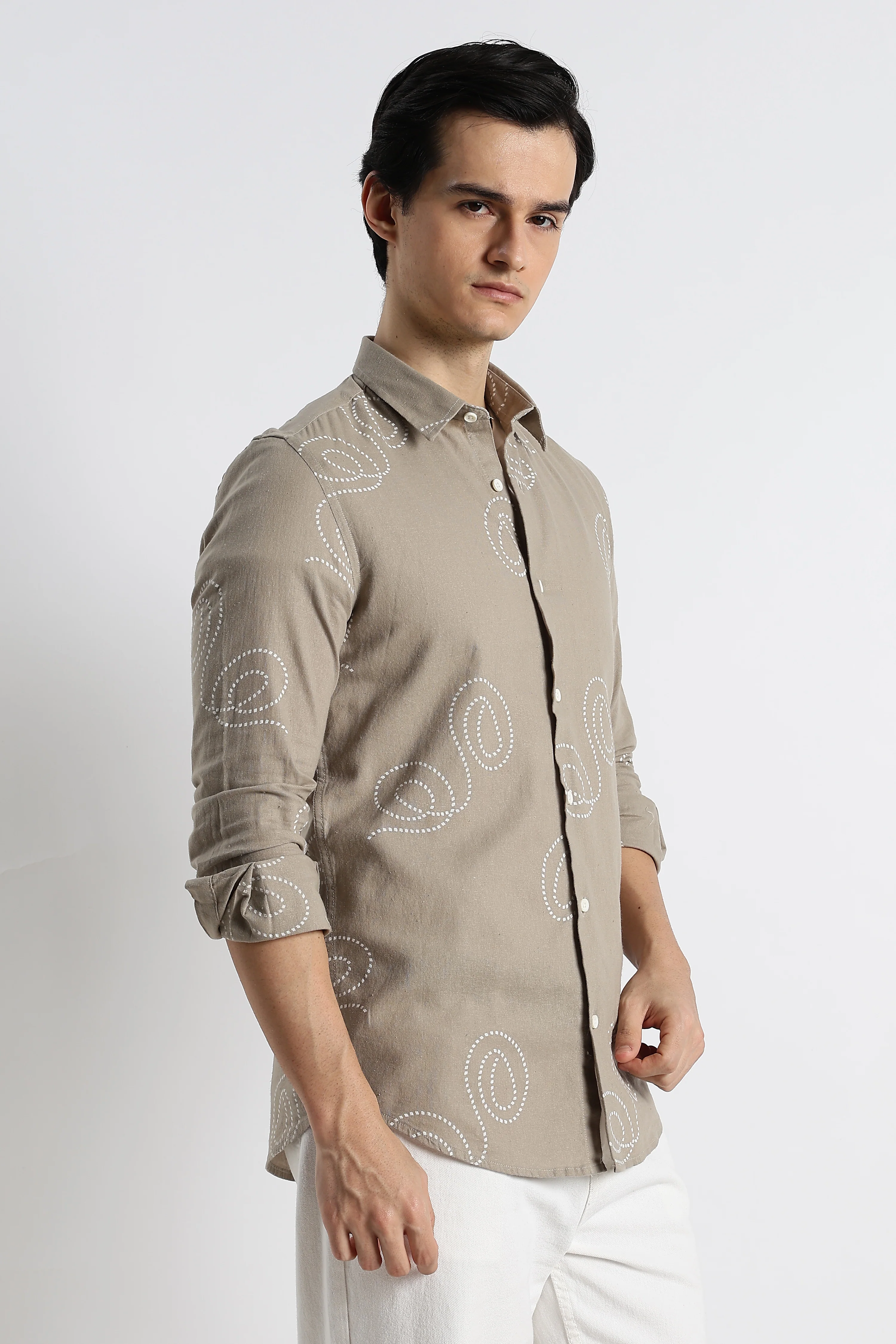 Men Dotted Swirl Printed Cotton Linen Shirt - Image 11