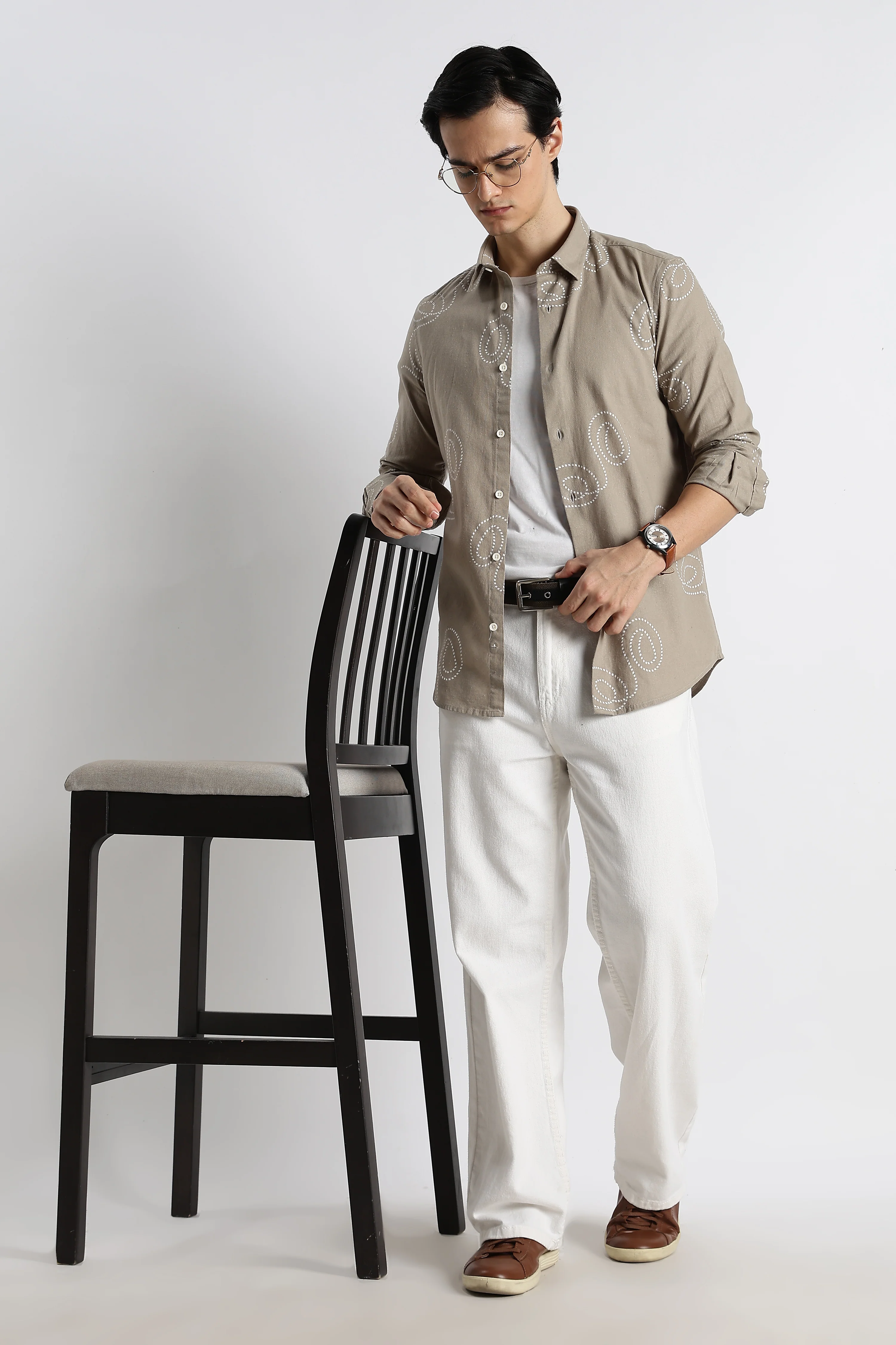 Men Dotted Swirl Printed Cotton Linen Shirt - Image 2