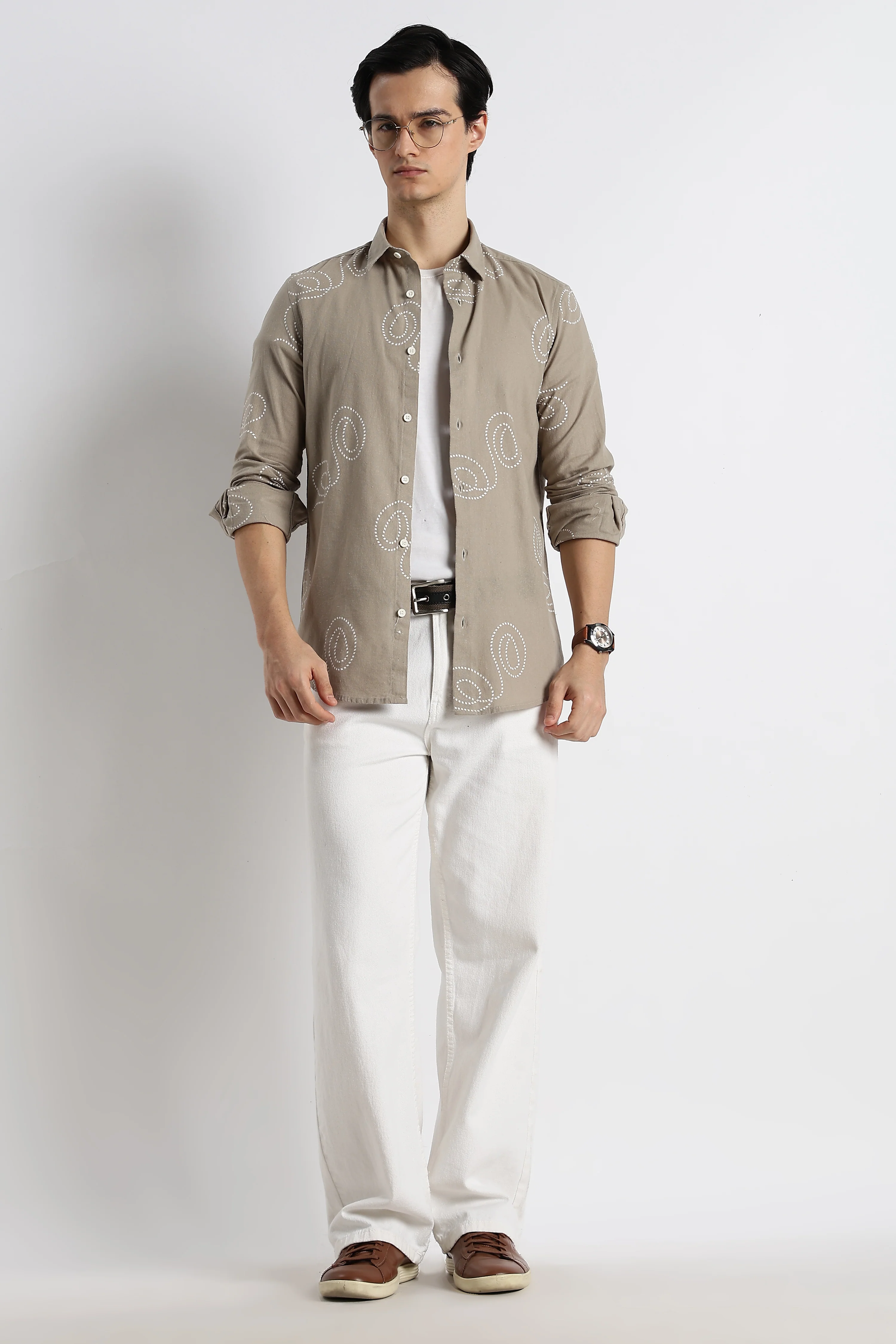 Men Dotted Swirl Printed Cotton Linen Shirt - Image 3