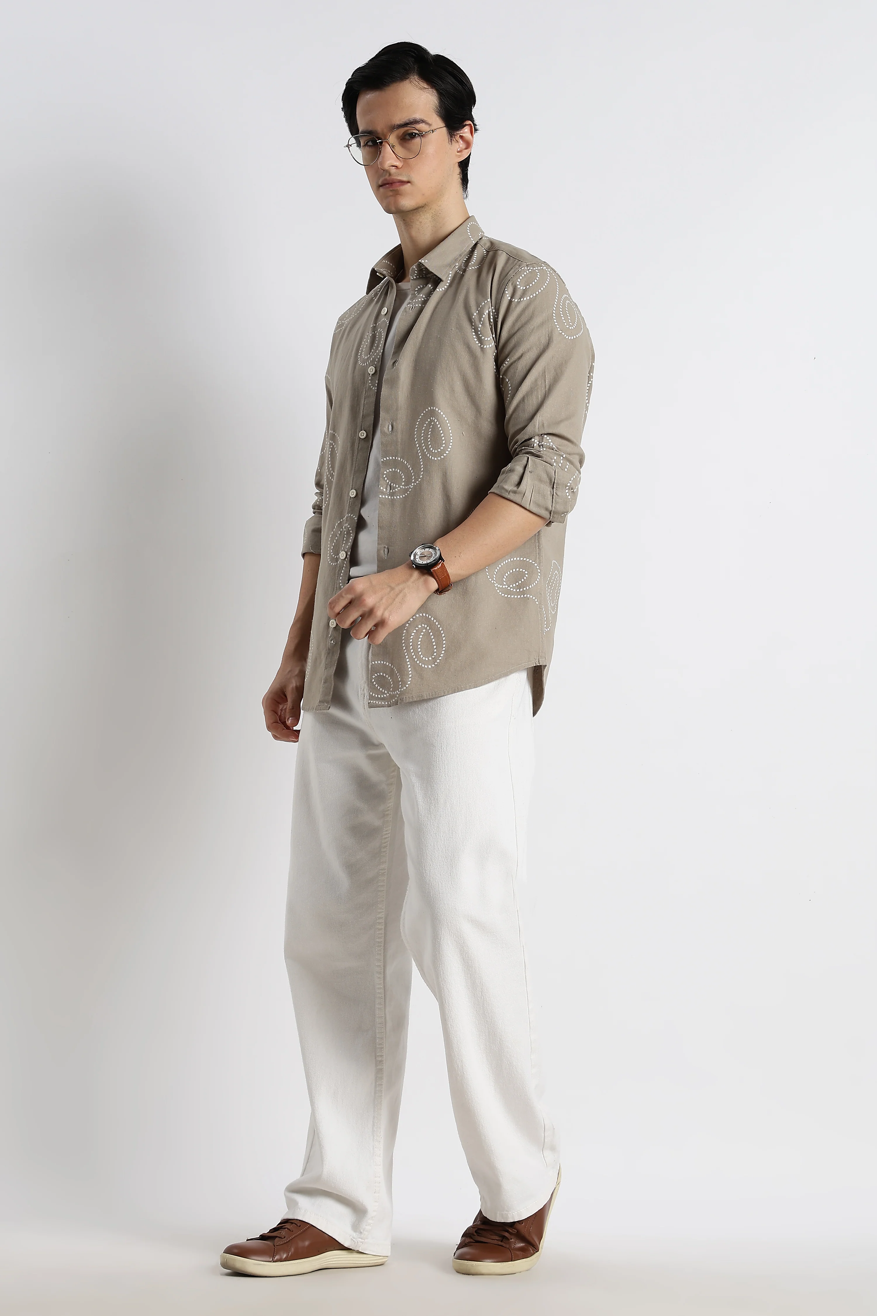 Men Dotted Swirl Printed Cotton Linen Shirt - Image 4
