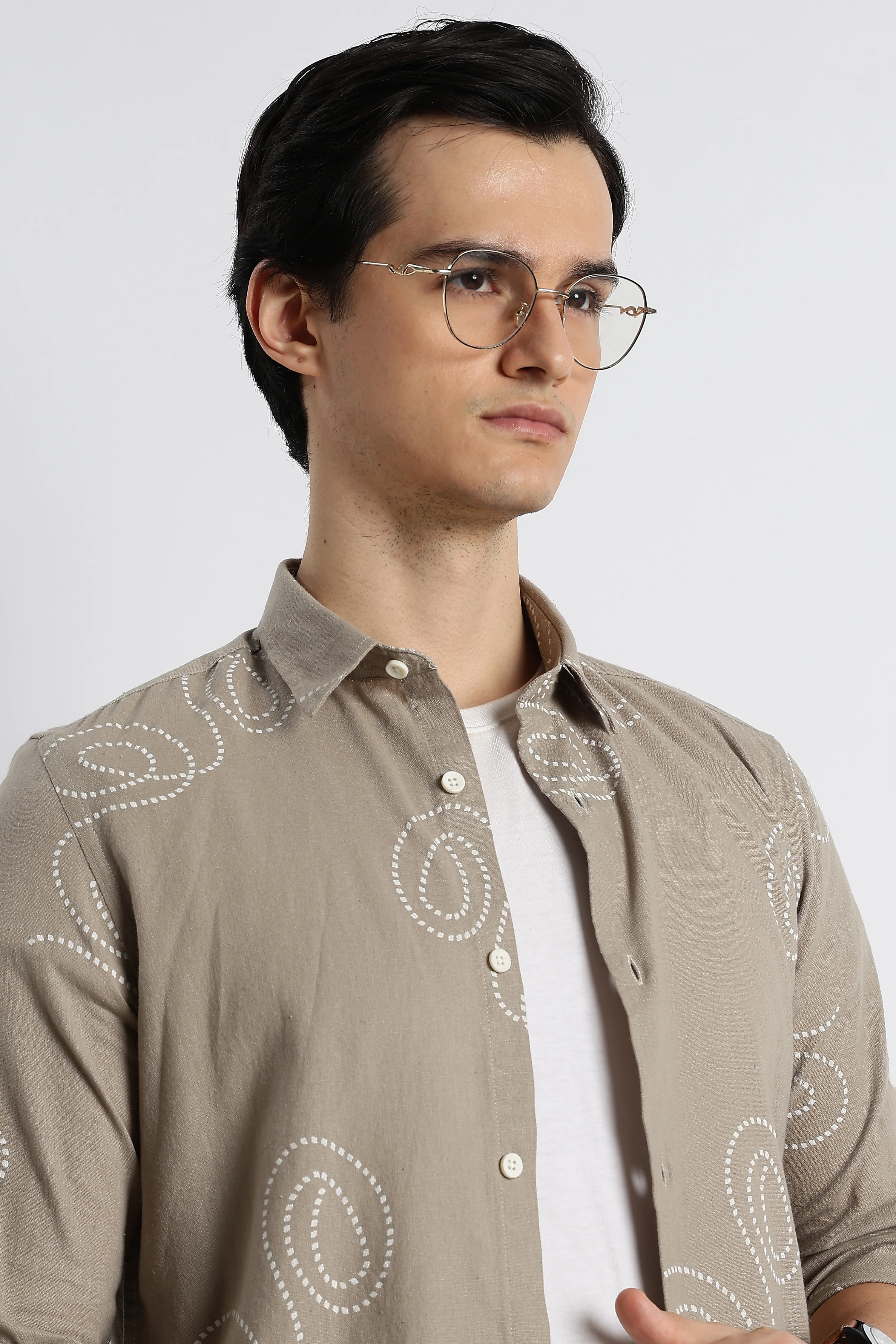 Men Dotted Swirl Printed Cotton Linen Shirt - Image 5