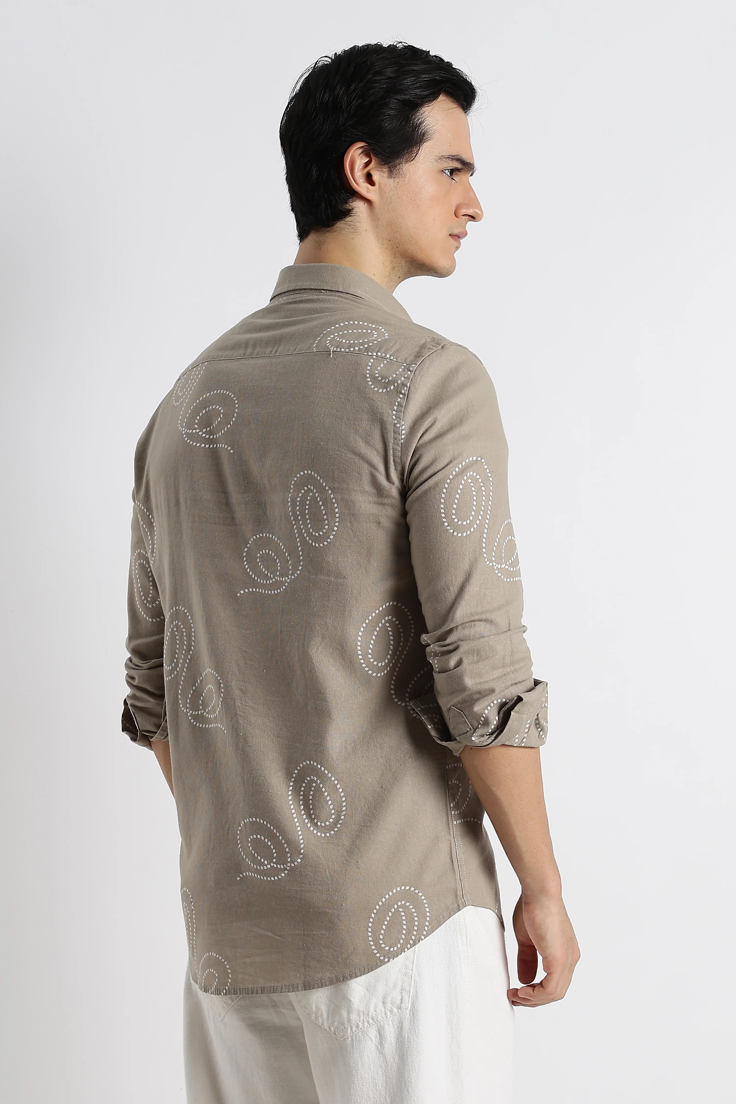 Men Dotted Swirl Printed Cotton Linen Shirt - Image 7
