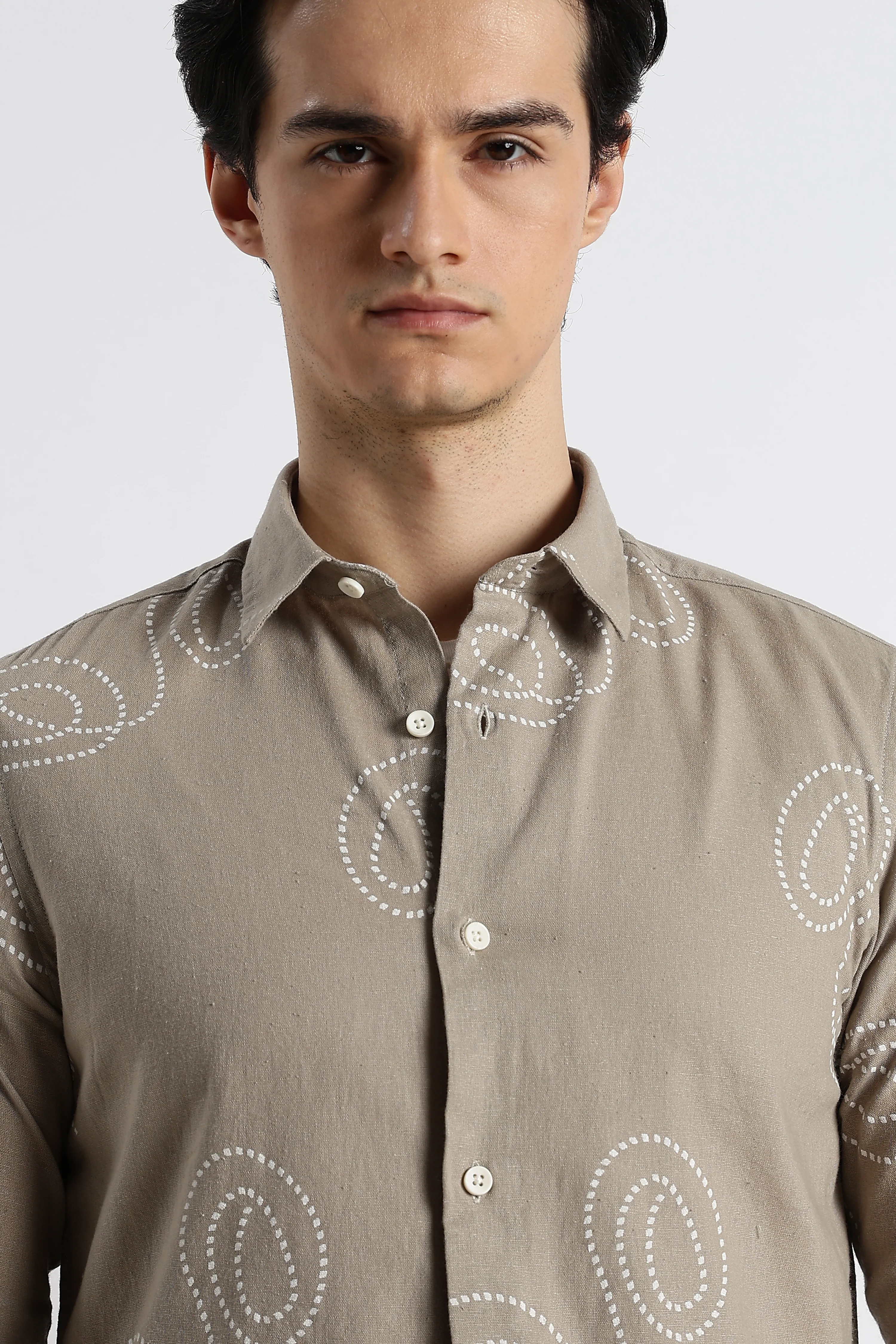 Men Dotted Swirl Printed Cotton Linen Shirt - Image 8