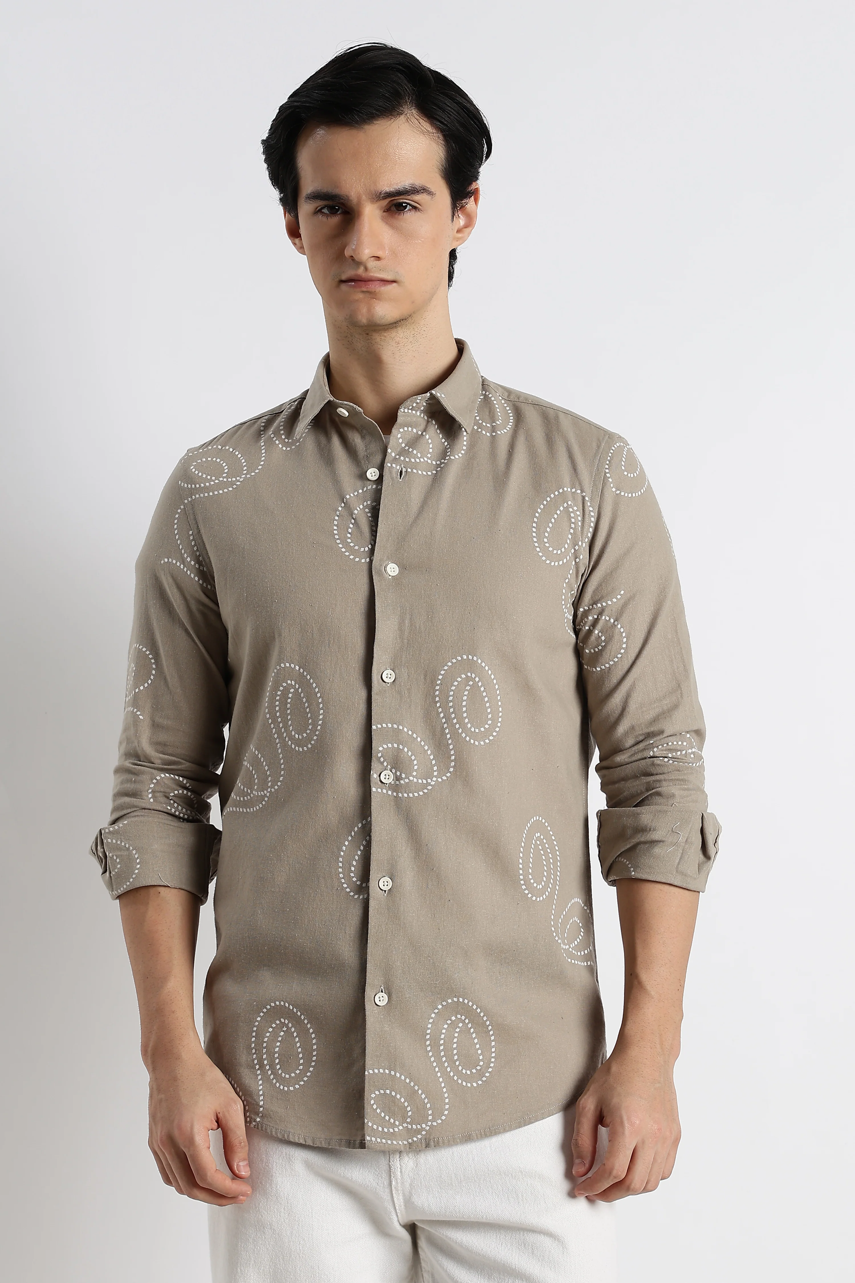 Men Dotted Swirl Printed Cotton Linen Shirt - Image 9
