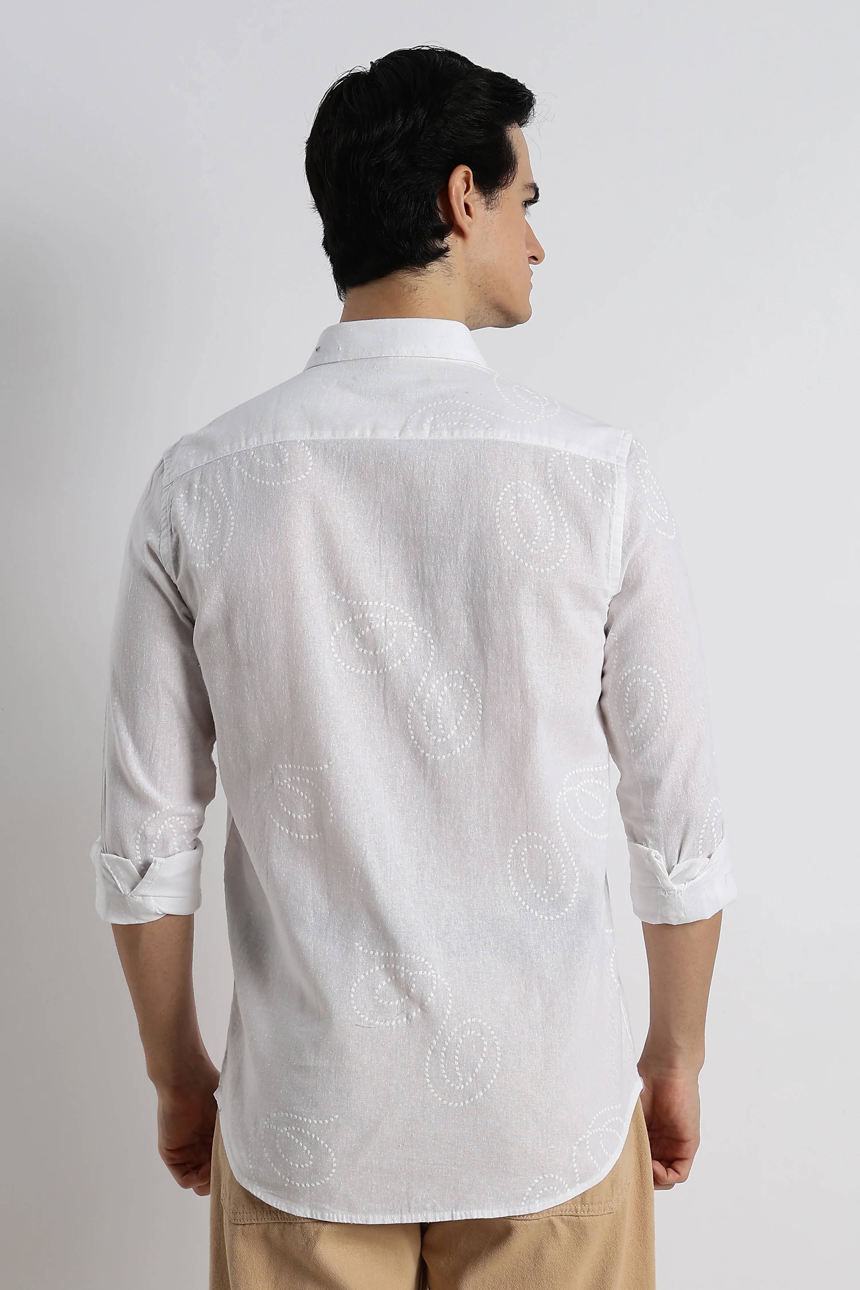 Men Dotted Swirl Printed Cotton Linen Shirt - Image 10