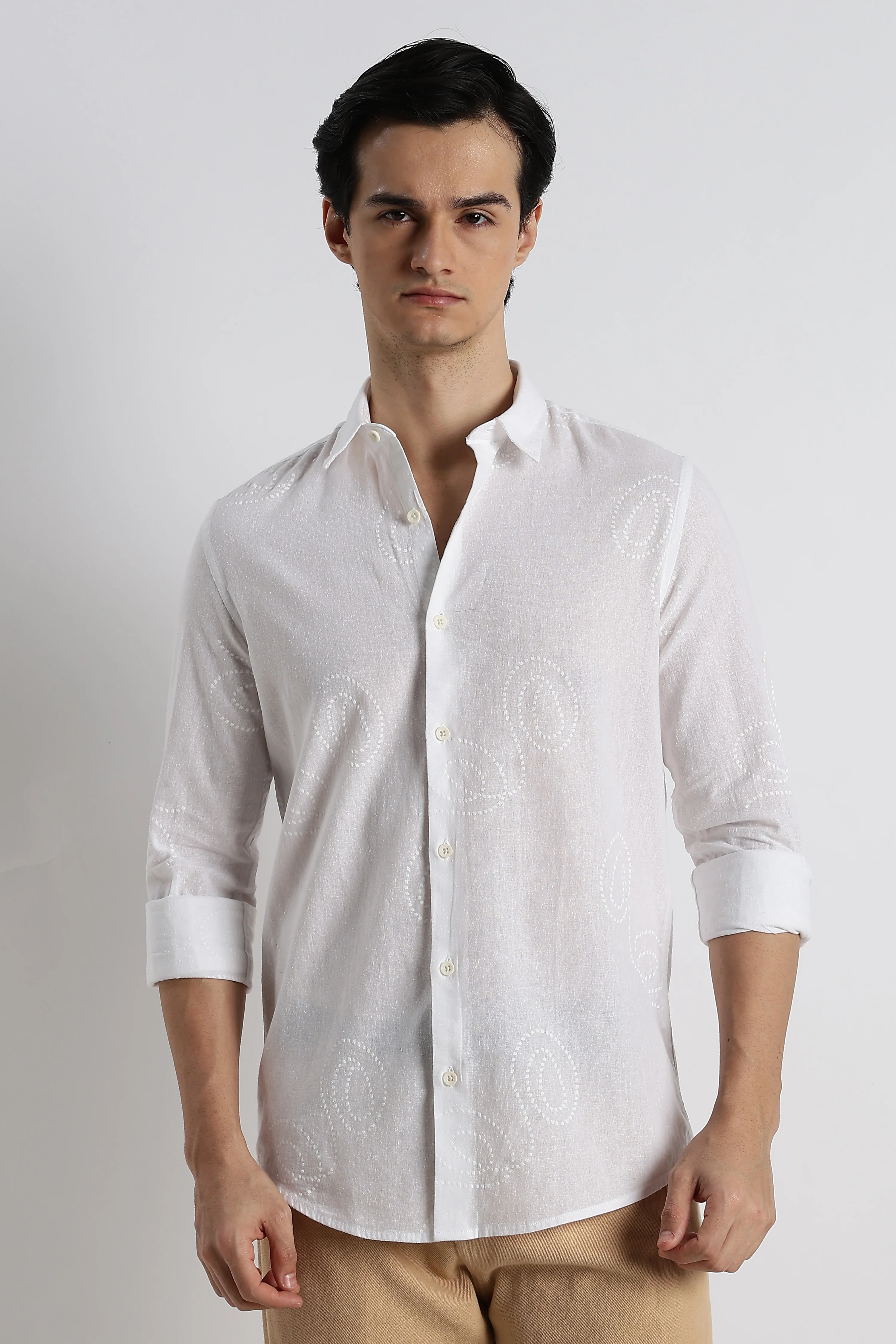 Men Dotted Swirl Printed Cotton Linen Shirt - Image 11