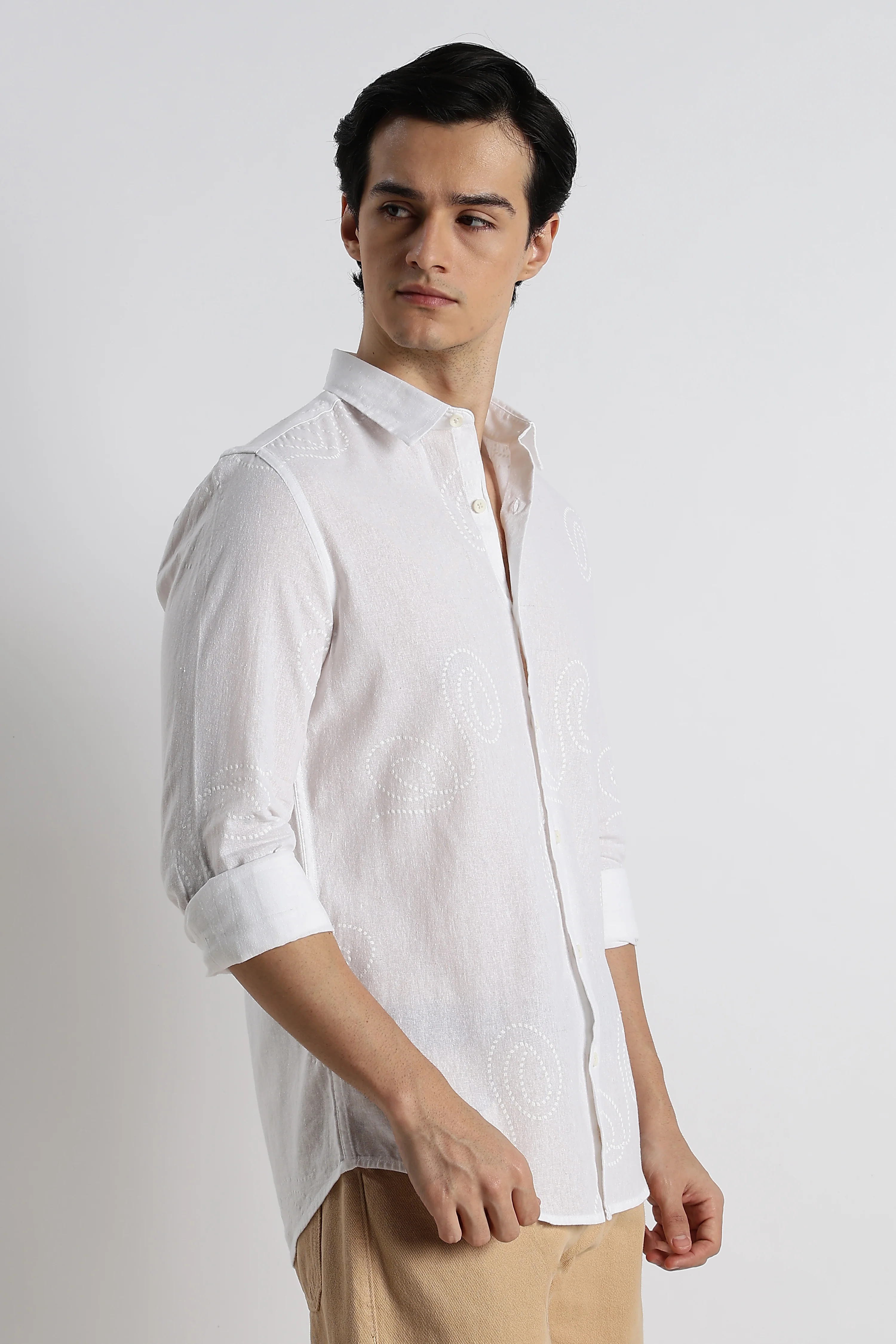 Men Dotted Swirl Printed Cotton Linen Shirt - Image 2