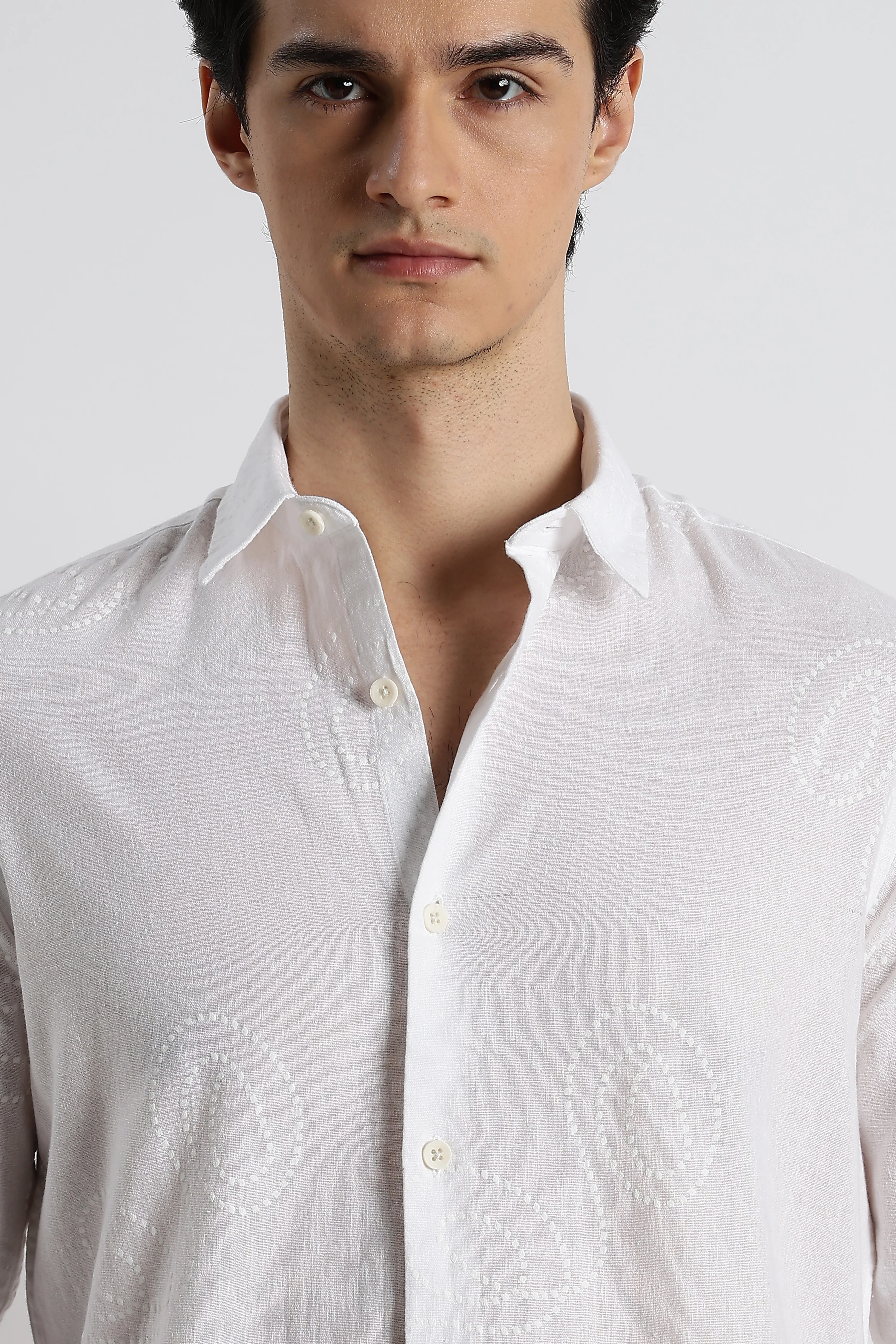 Men Dotted Swirl Printed Cotton Linen Shirt - Image 3