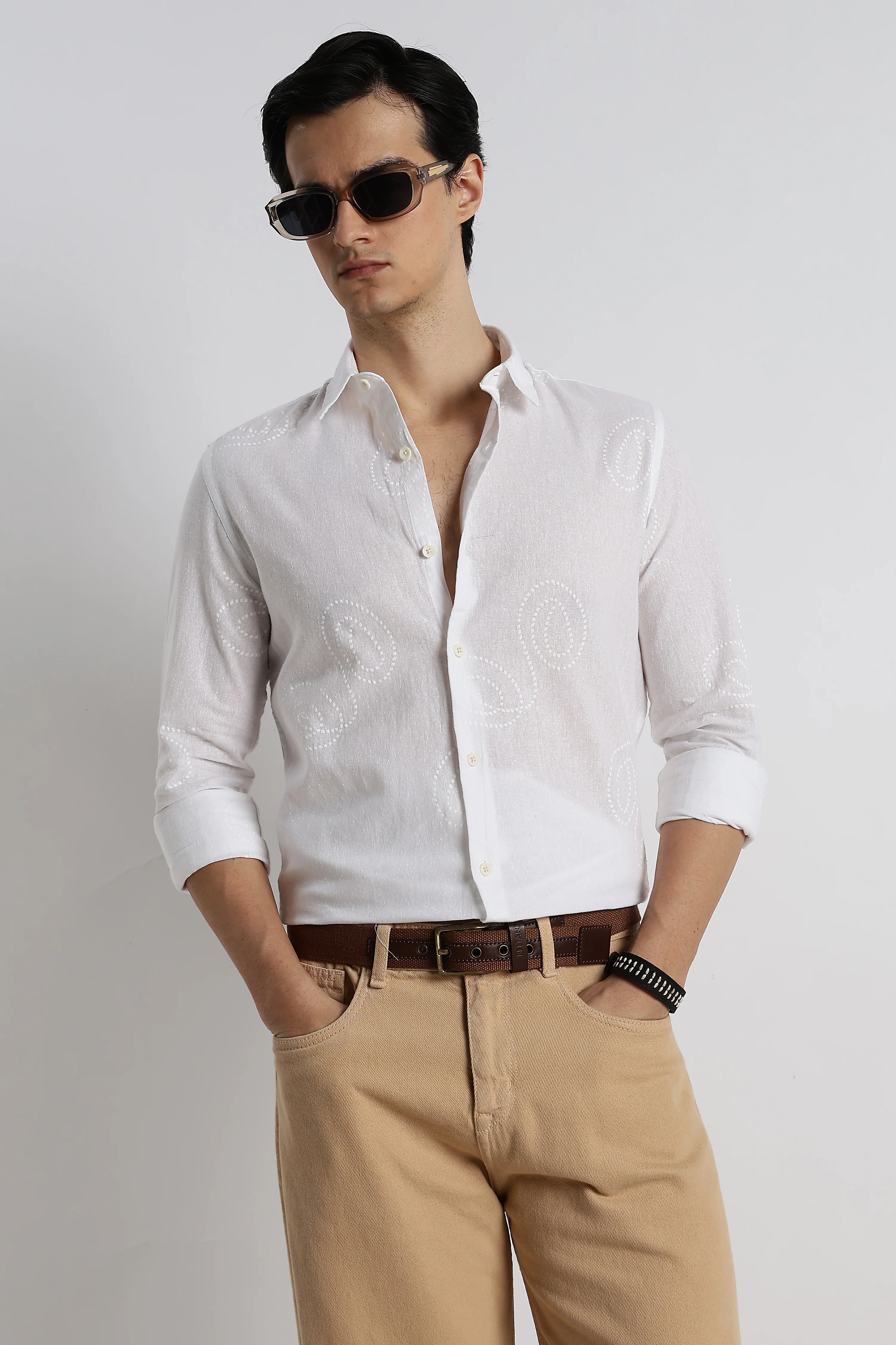 Men Dotted Swirl Printed Cotton Linen Shirt - Image 5