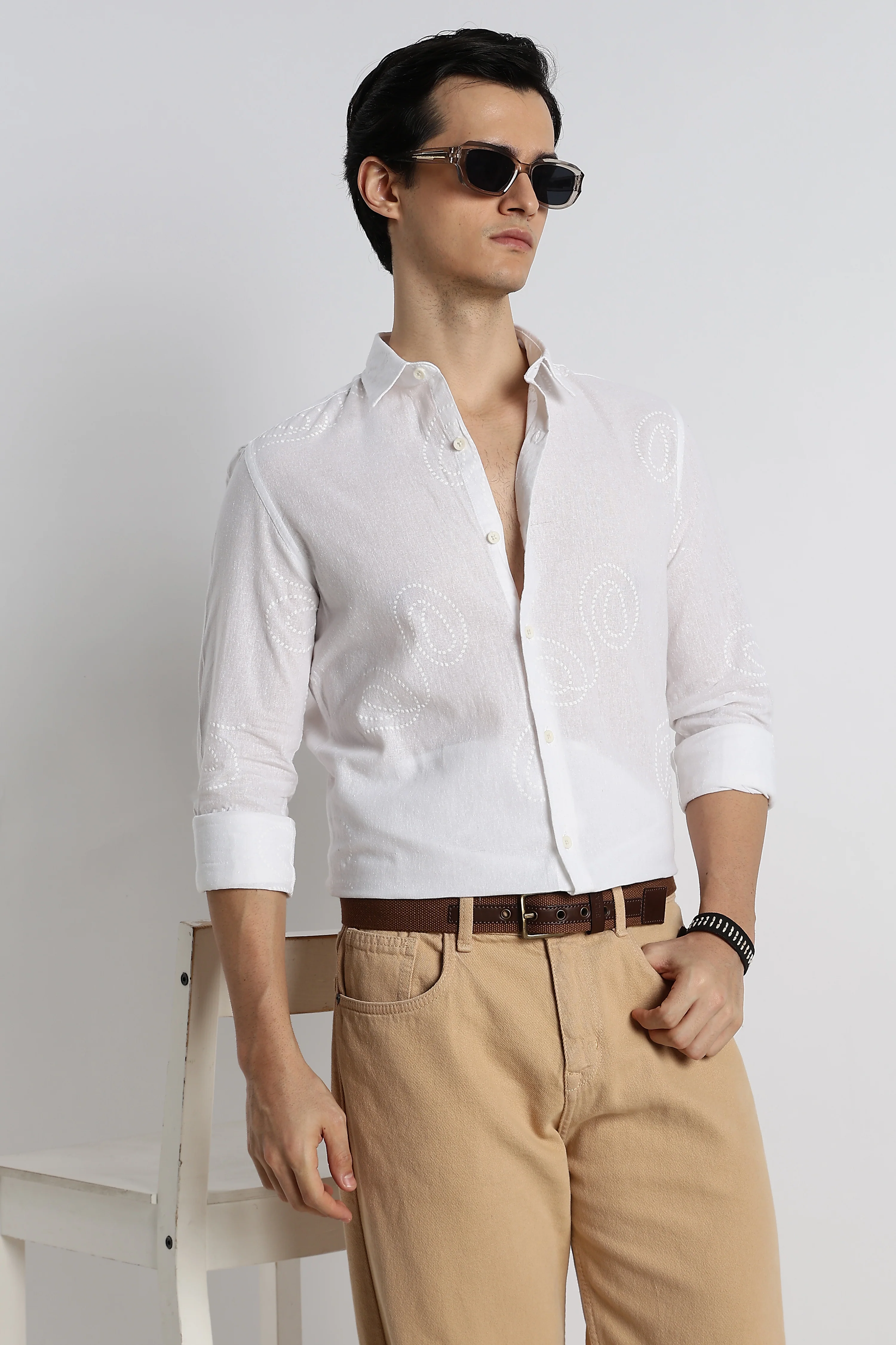Men Dotted Swirl Printed Cotton Linen Shirt - Image 7