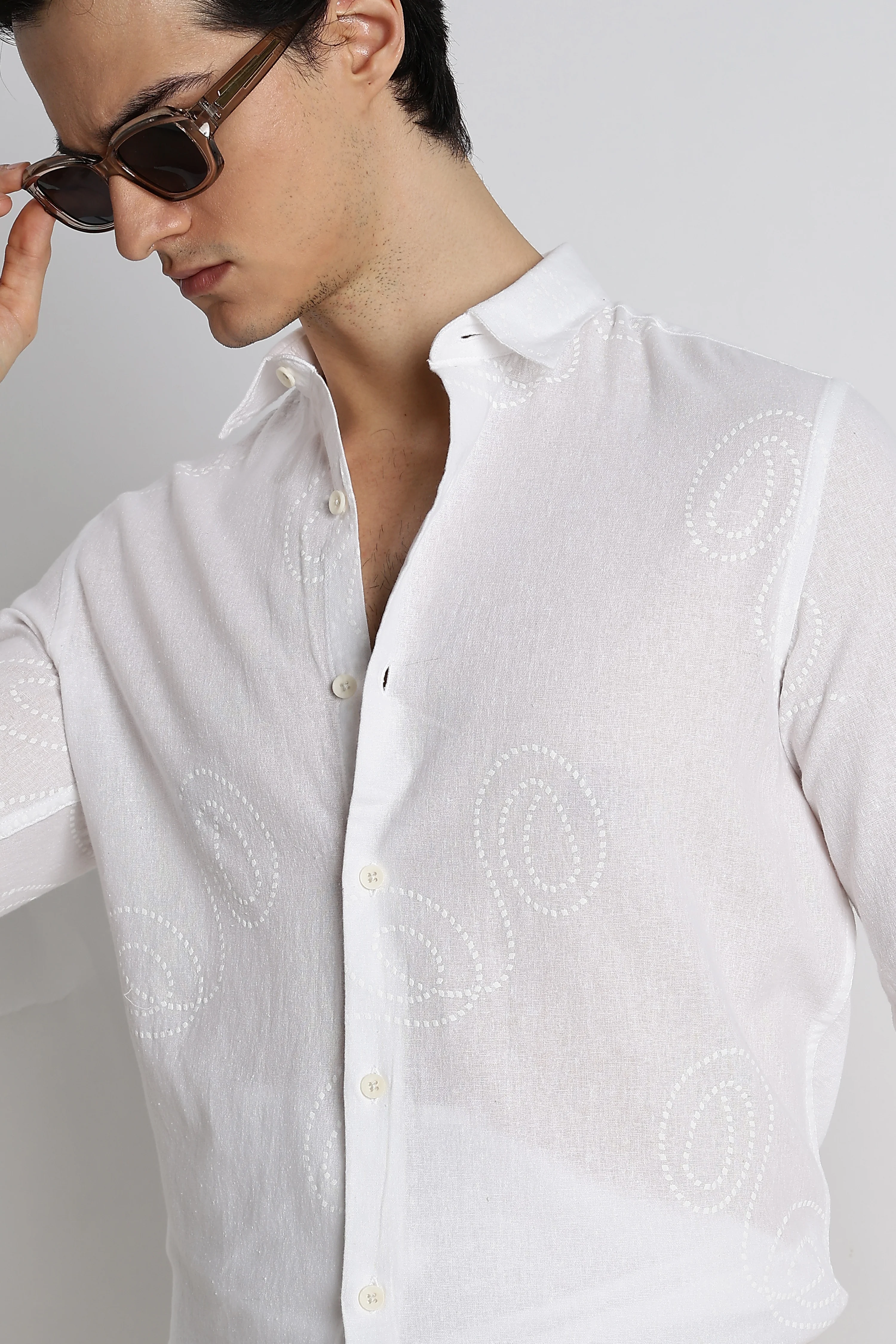 Men Dotted Swirl Printed Cotton Linen Shirt - Image 8