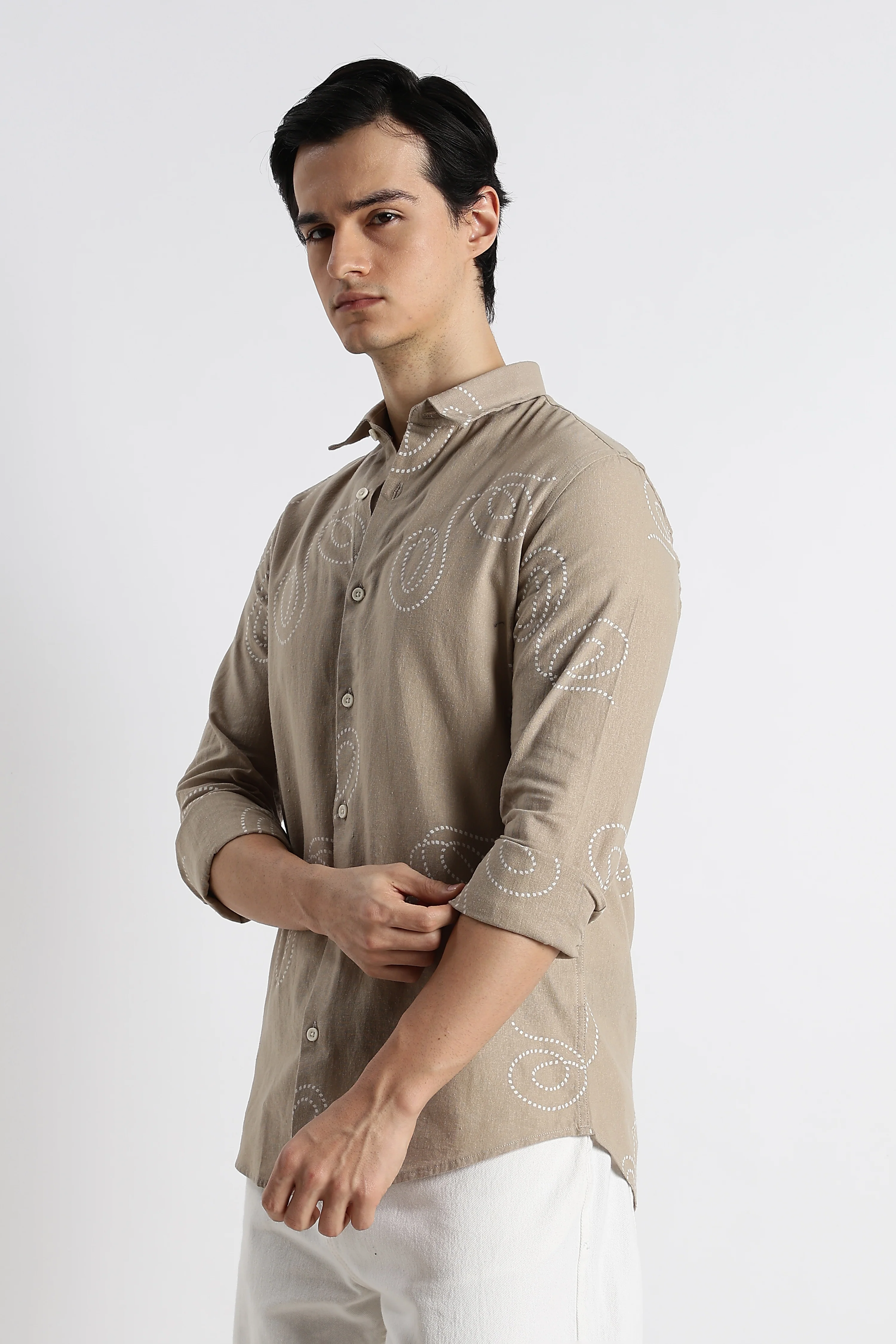 Men Dotted Swirl Printed Cotton Linen Shirt - Image 10