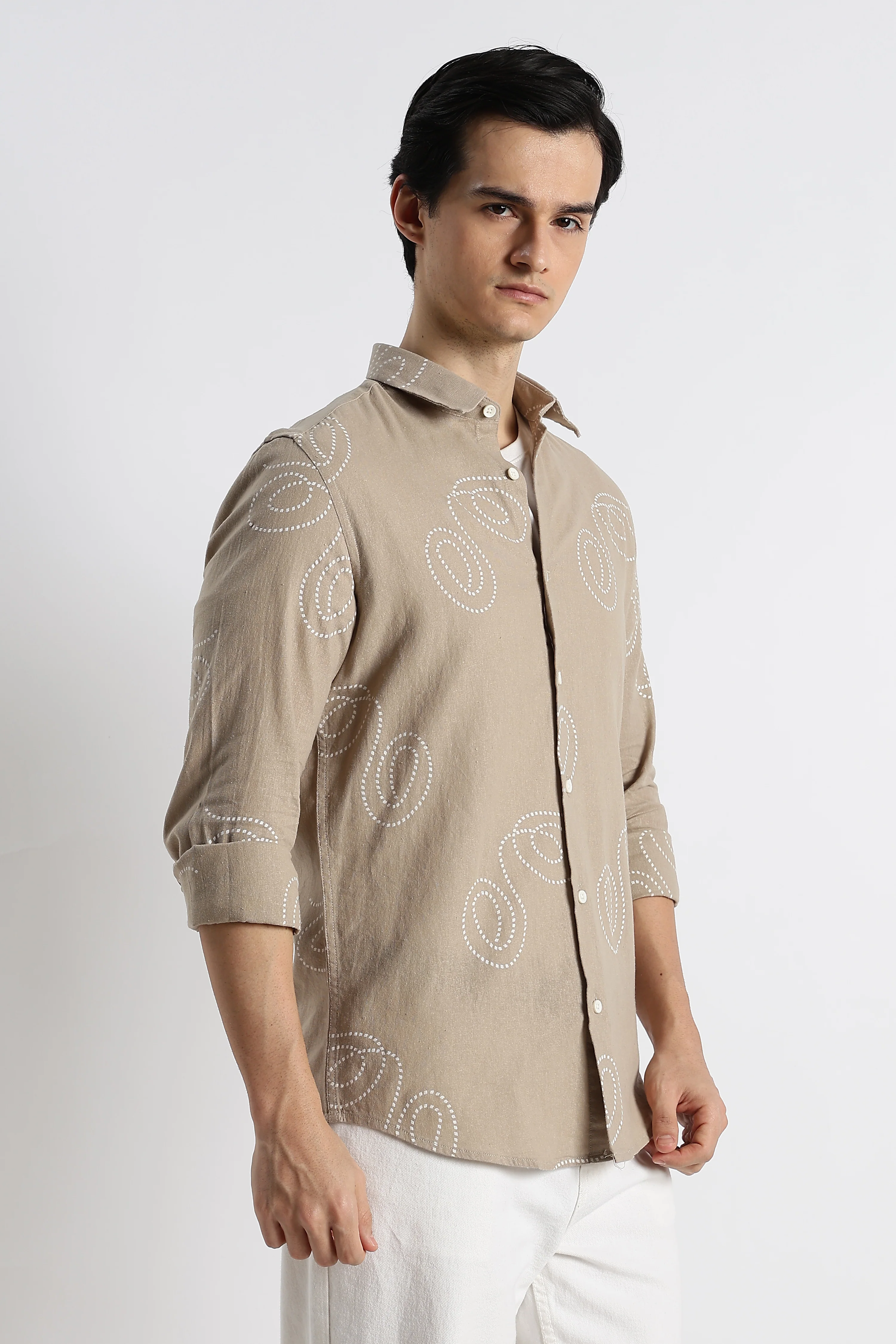 Men Dotted Swirl Printed Cotton Linen Shirt - Image 11