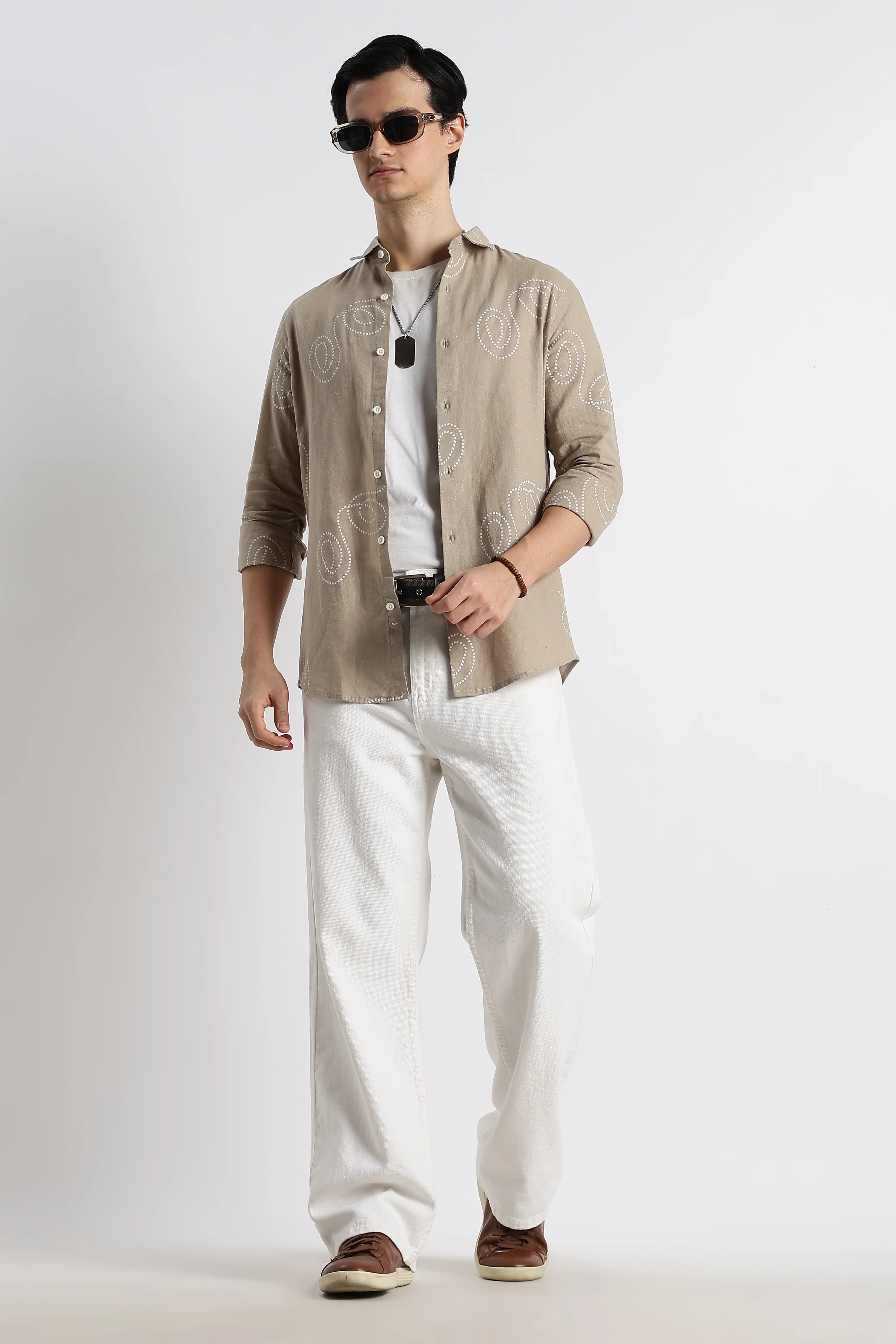 Men Dotted Swirl Printed Cotton Linen Shirt - Image 2
