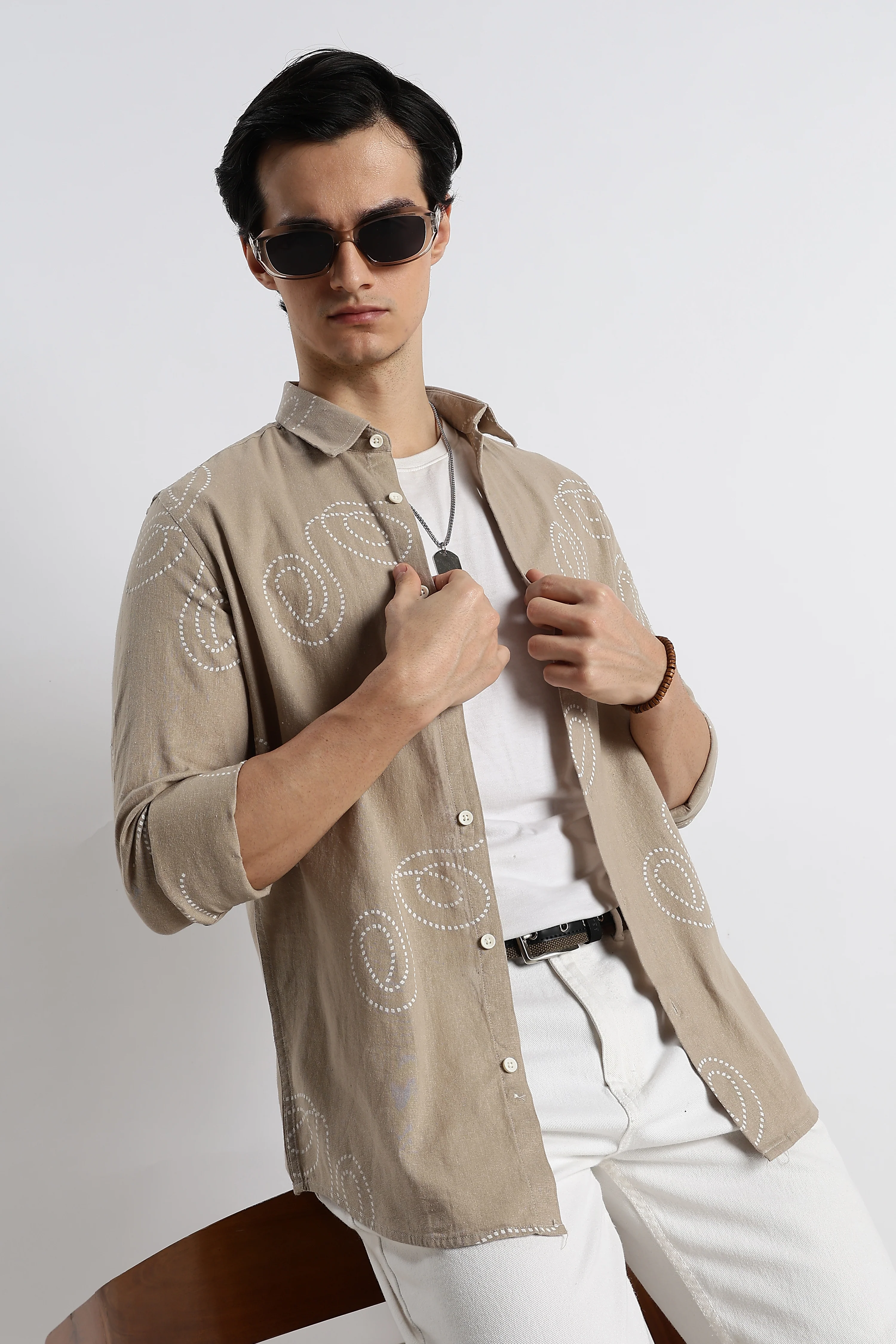 Men Dotted Swirl Printed Cotton Linen Shirt - Image 5