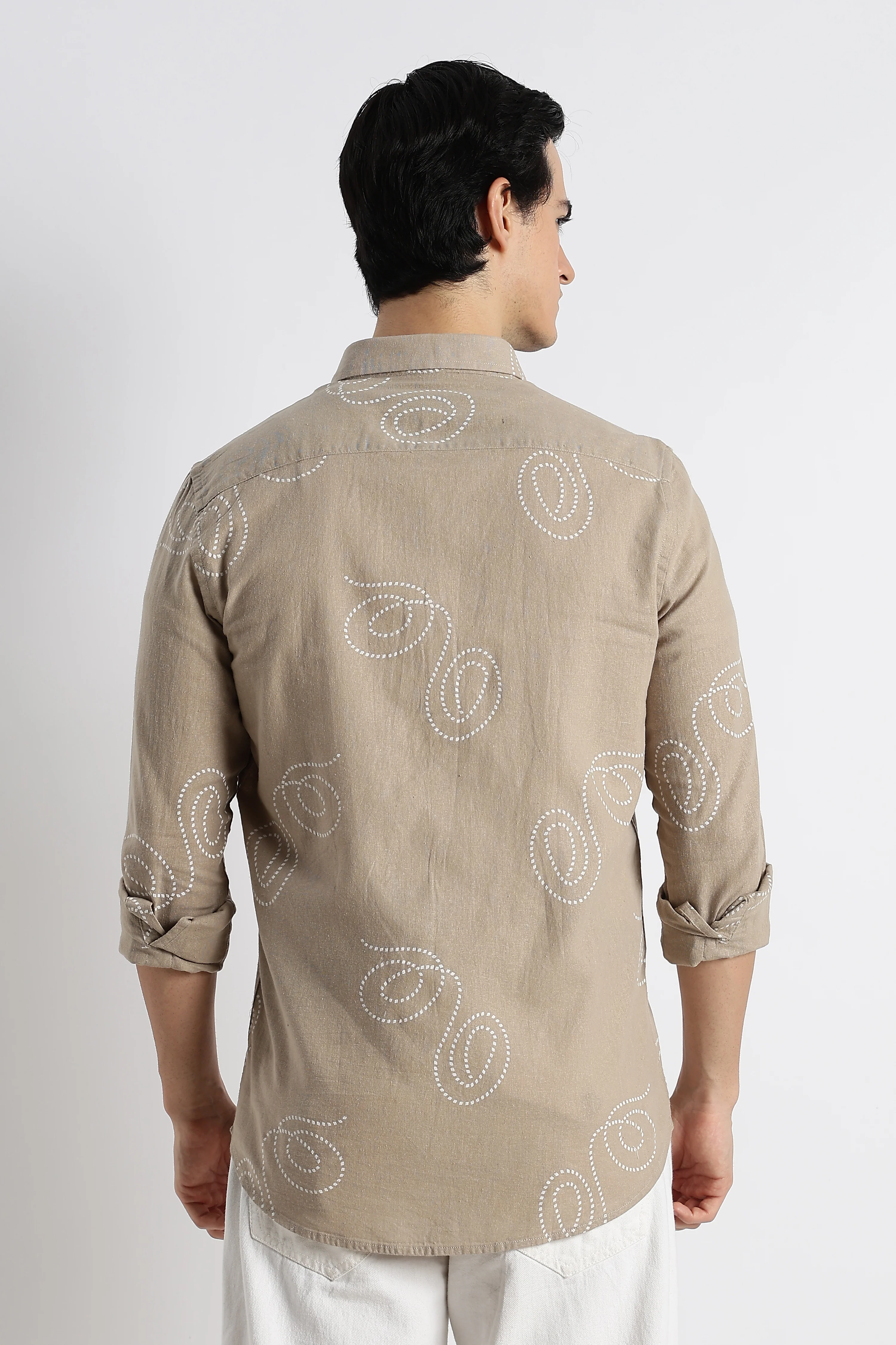 Men Dotted Swirl Printed Cotton Linen Shirt - Image 7