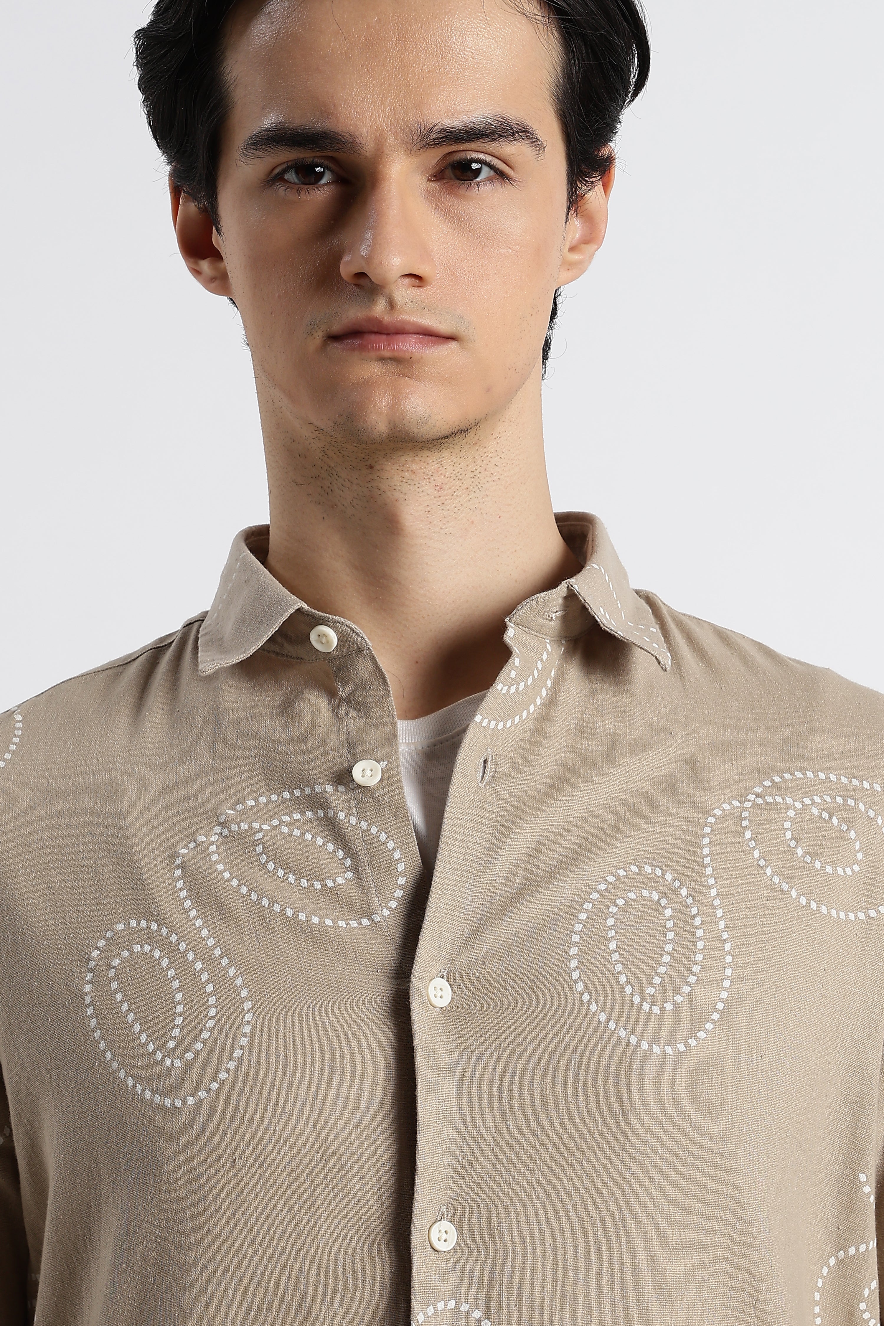 Men Dotted Swirl Printed Cotton Linen Shirt - Image 8