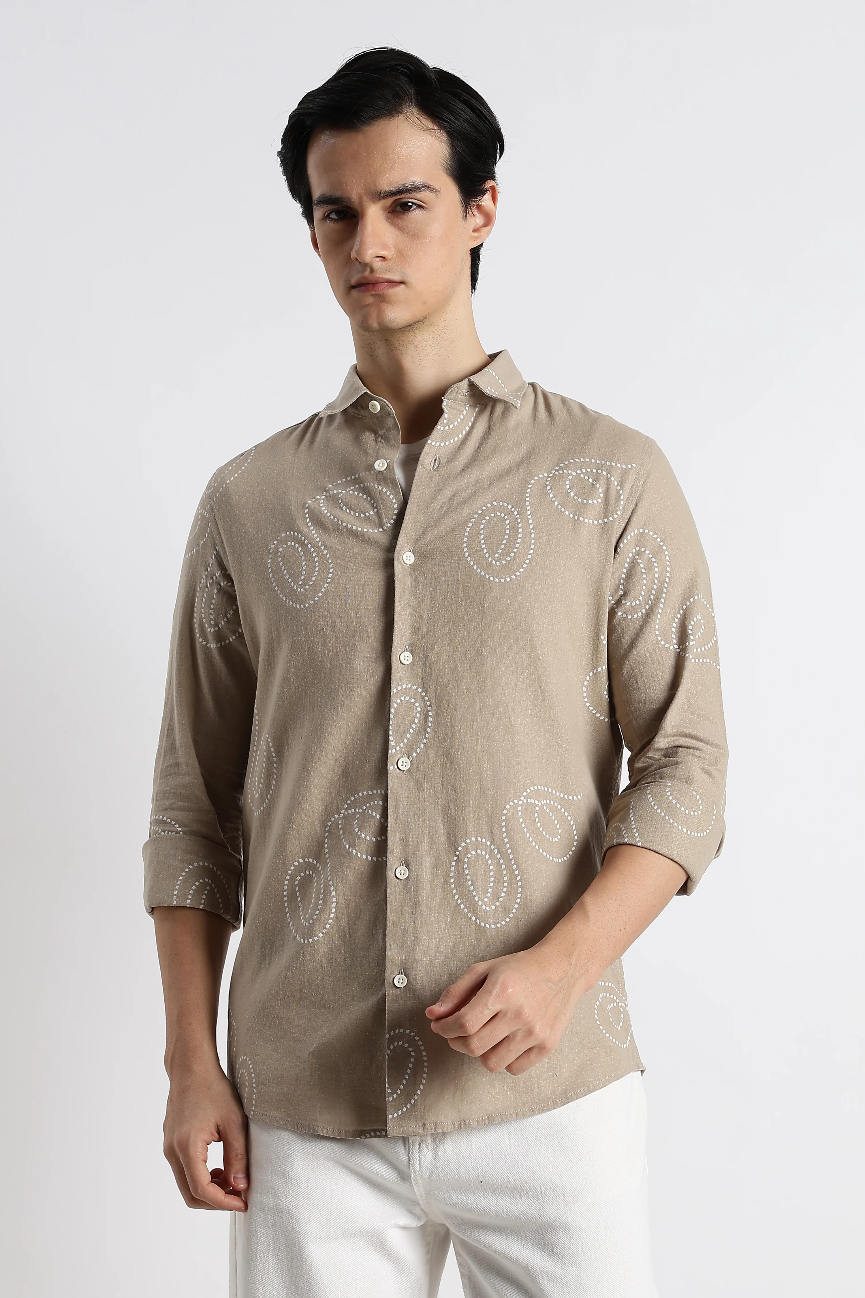 Men Dotted Swirl Printed Cotton Linen Shirt - Image 9