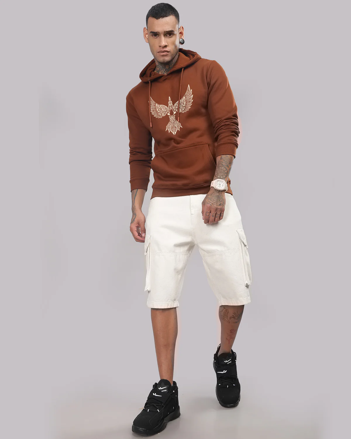 Men Brown Printed Hoodie